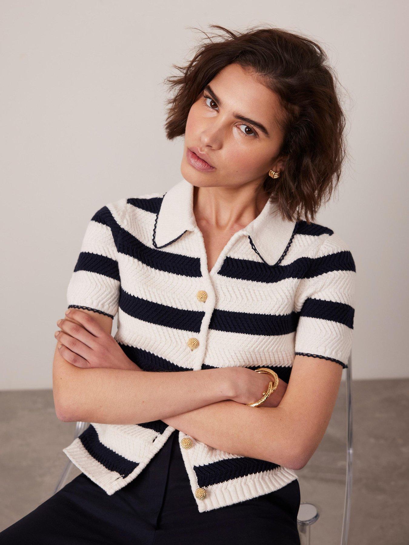 Image 4 of 6 of Mint Velvet Navy Stripe Collar Knit T-Shirt - Blue