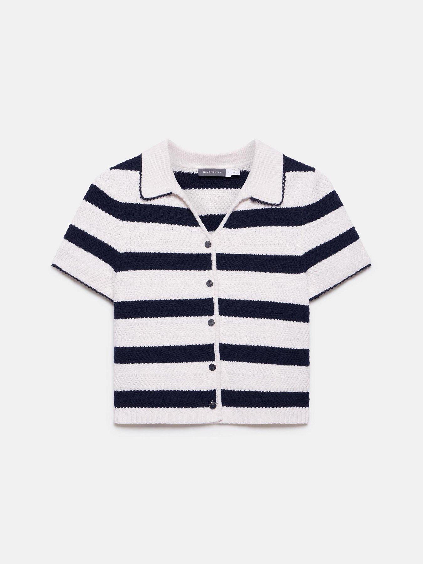 Image 5 of 6 of Mint Velvet Navy Stripe Collar Knit T-Shirt - Blue