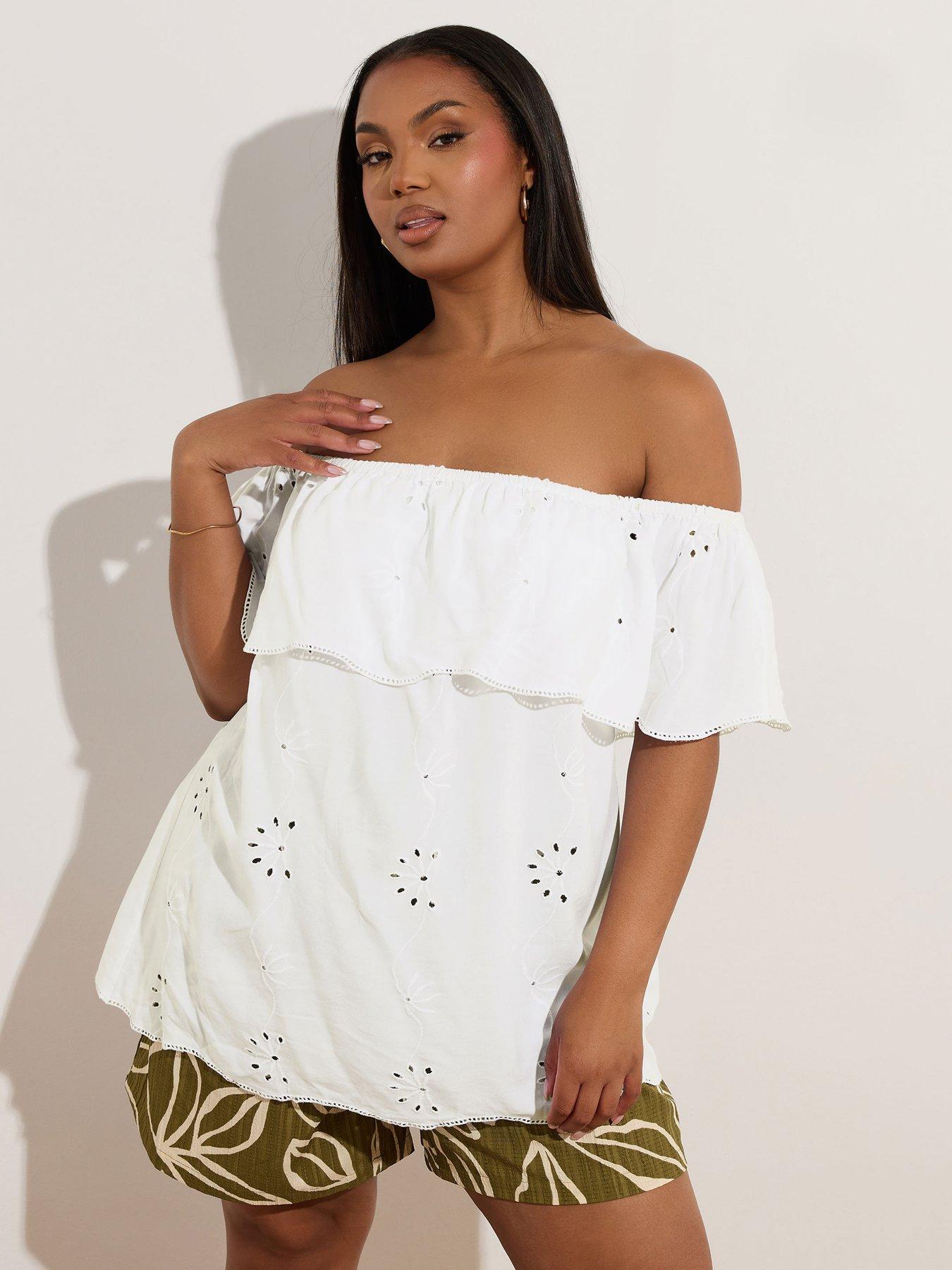 Image of Yours Curve Broderie Bardot Top - White