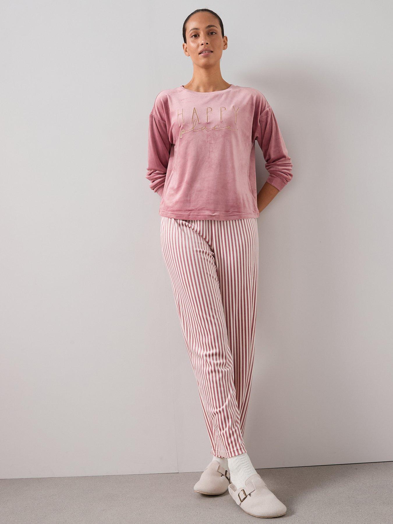 Image 1 of 6 of The Very Collection Slogan Sweat And Stripe Fleece Bottom Pj Set - Red