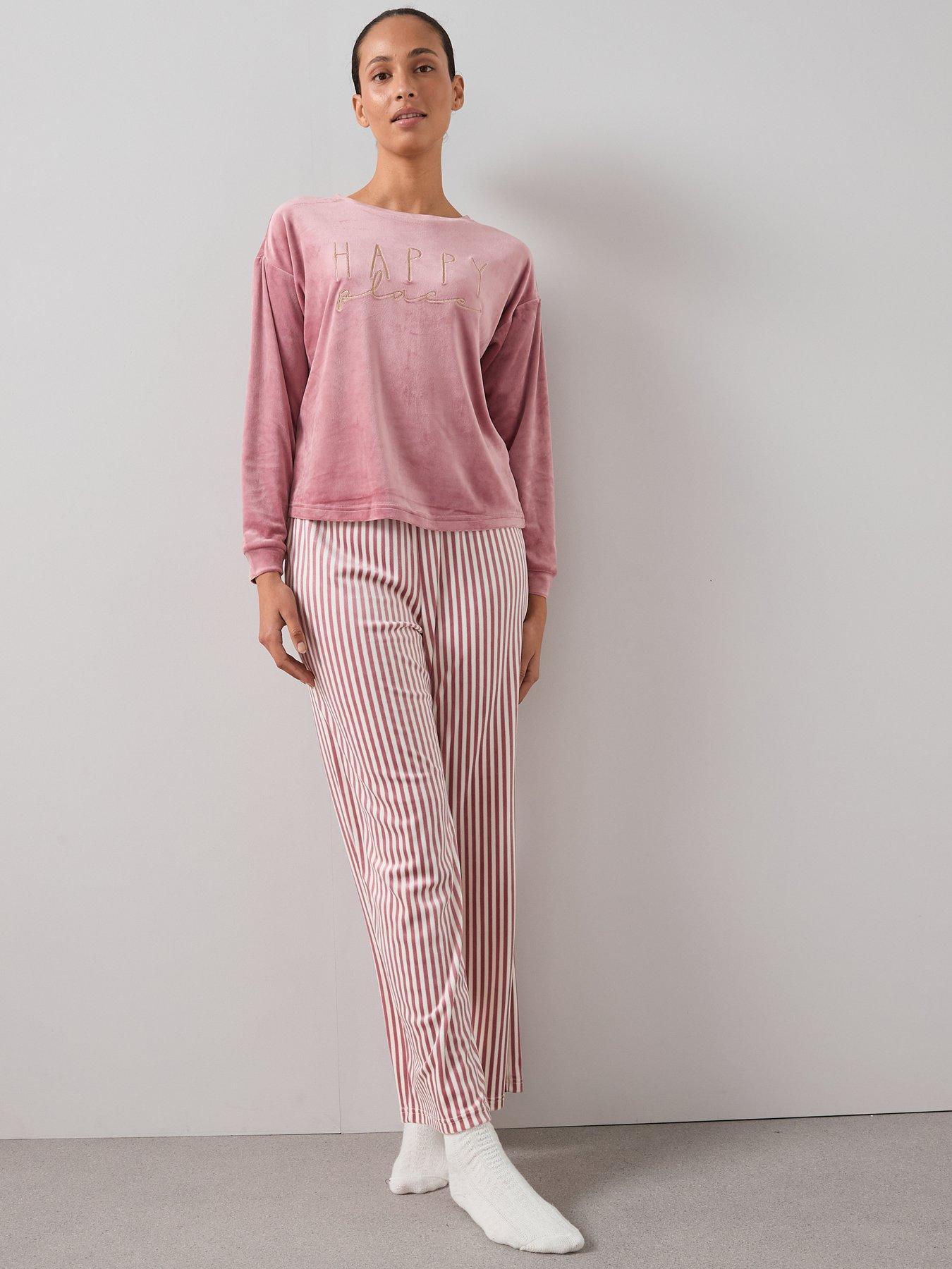 Image 5 of 6 of The Very Collection Slogan Sweat And Stripe Fleece Bottom Pj Set - Red
