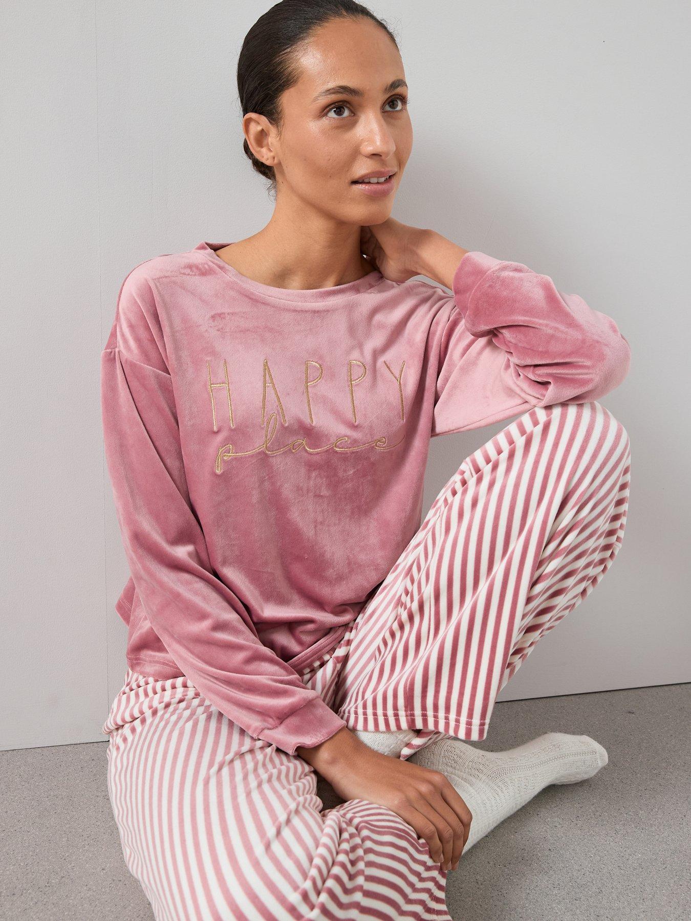 Image 6 of 6 of The Very Collection Slogan Sweat And Stripe Fleece Bottom Pj Set - Red