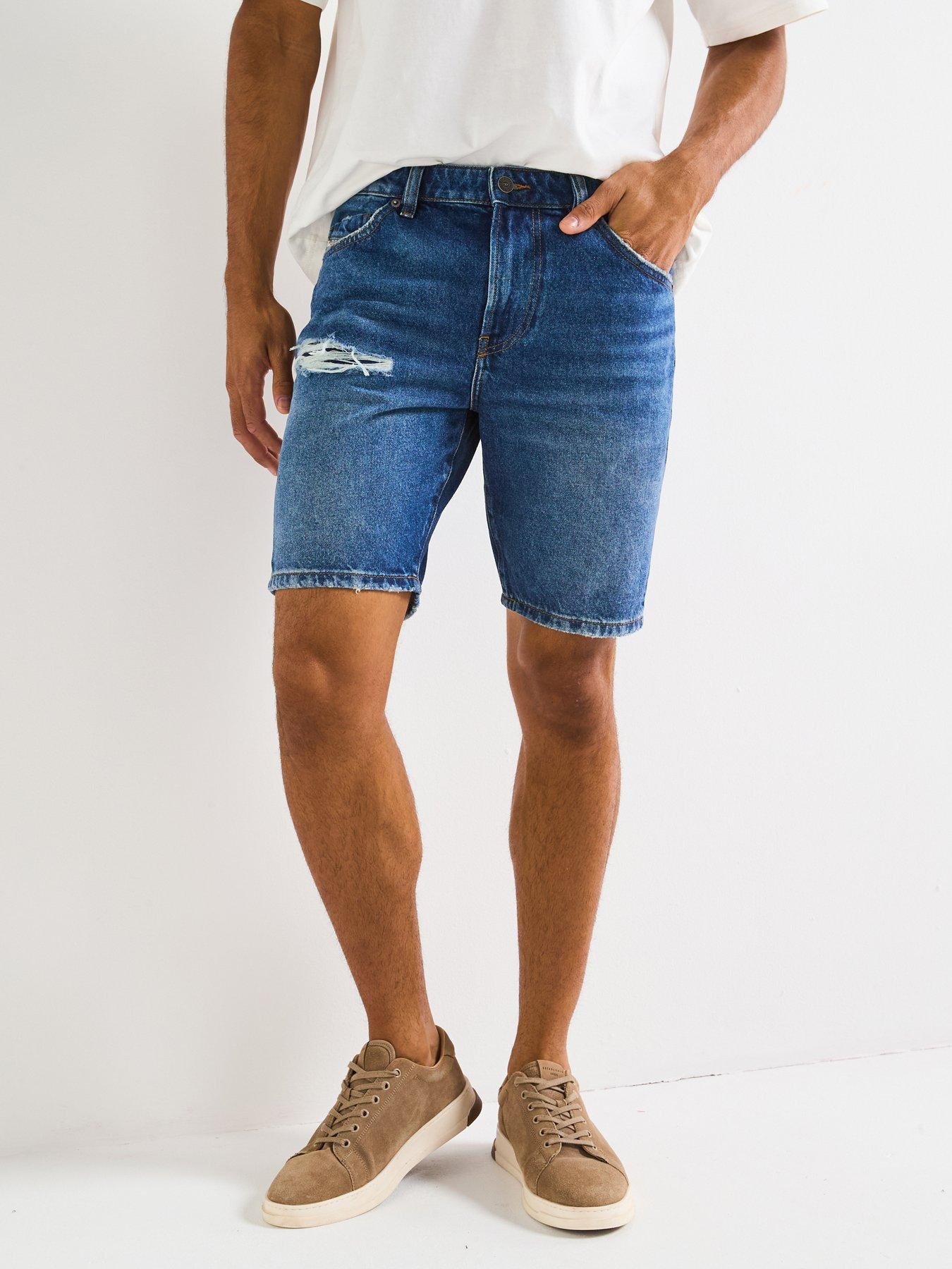 undefined Distressed Slim Denim Shorts - Blue