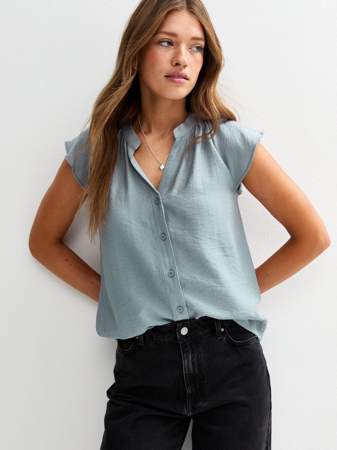 Image 1 of 5 of New Look Flutter Sleeve Button Up Top - Blue