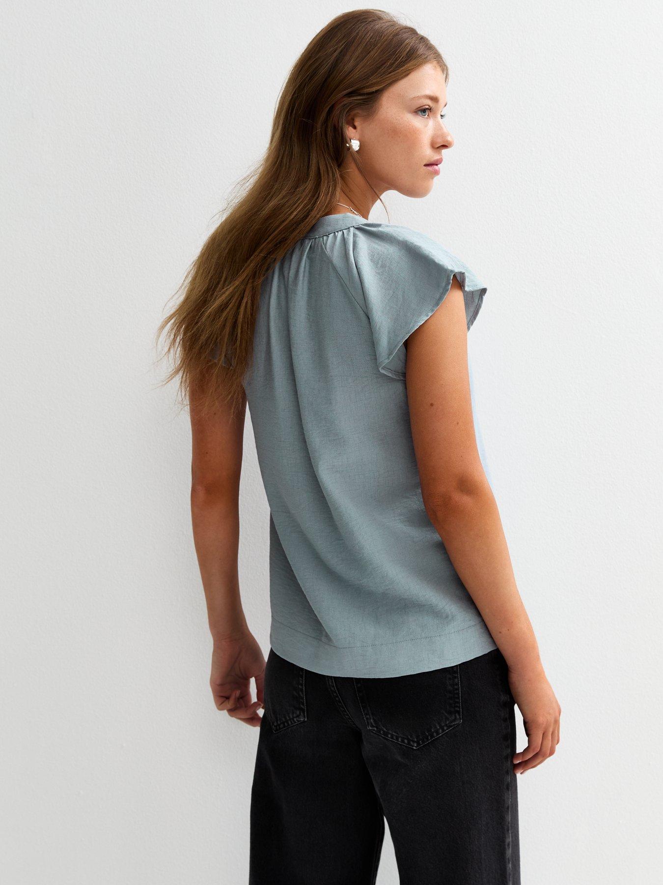 Image 2 of 5 of New Look Flutter Sleeve Button Up Top - Blue