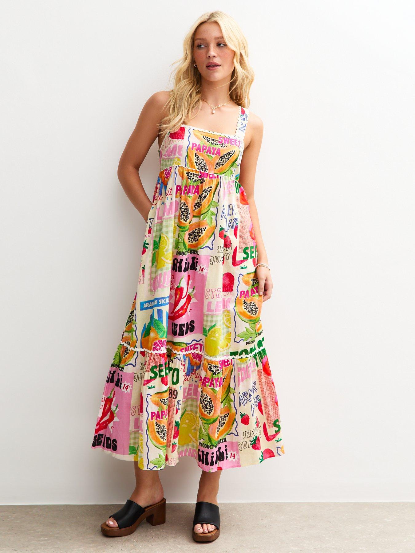 New Look White Fruit Print Scalloped Strap Midi Dress