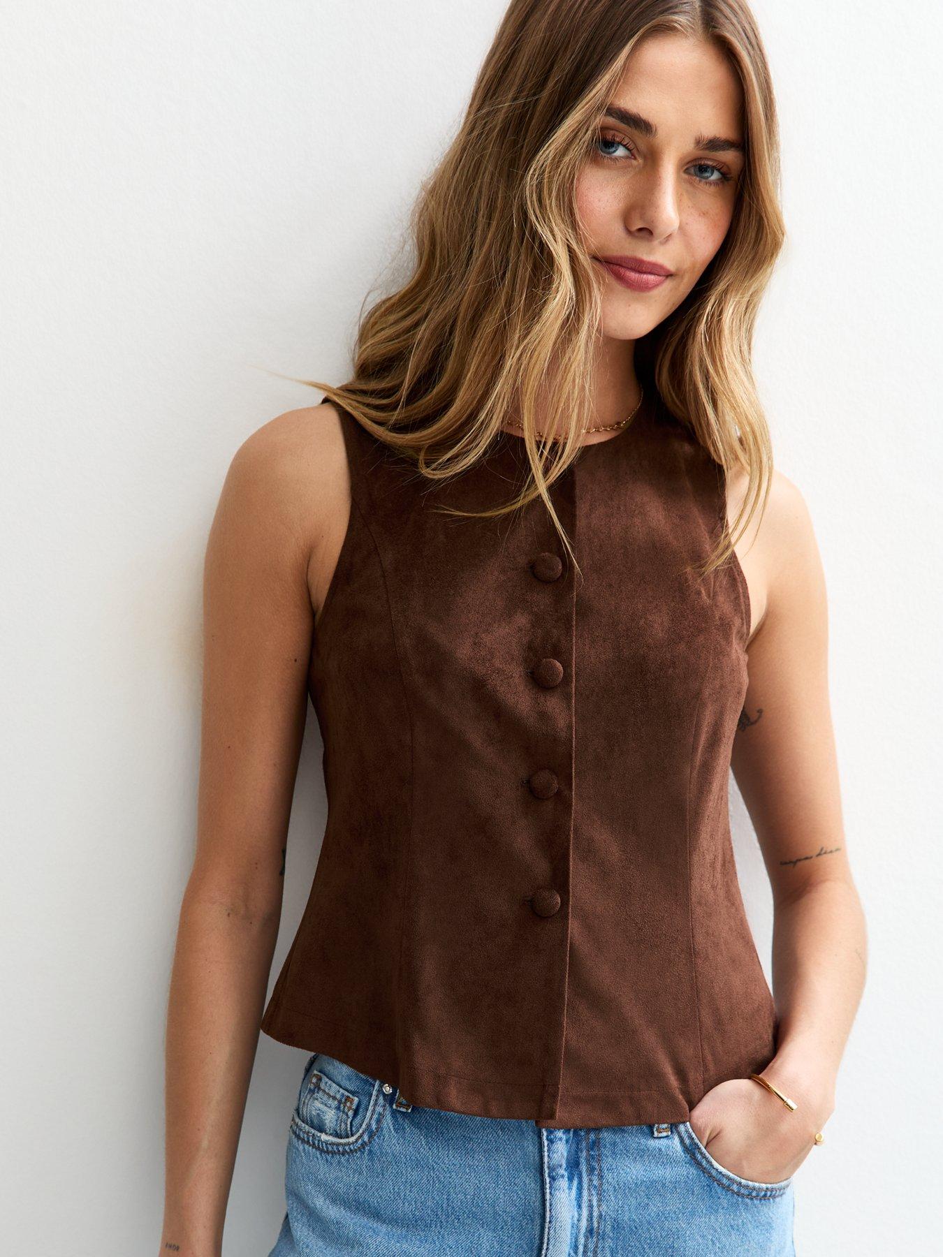 undefined Faux Suede Button Front Waistcoat - Brown