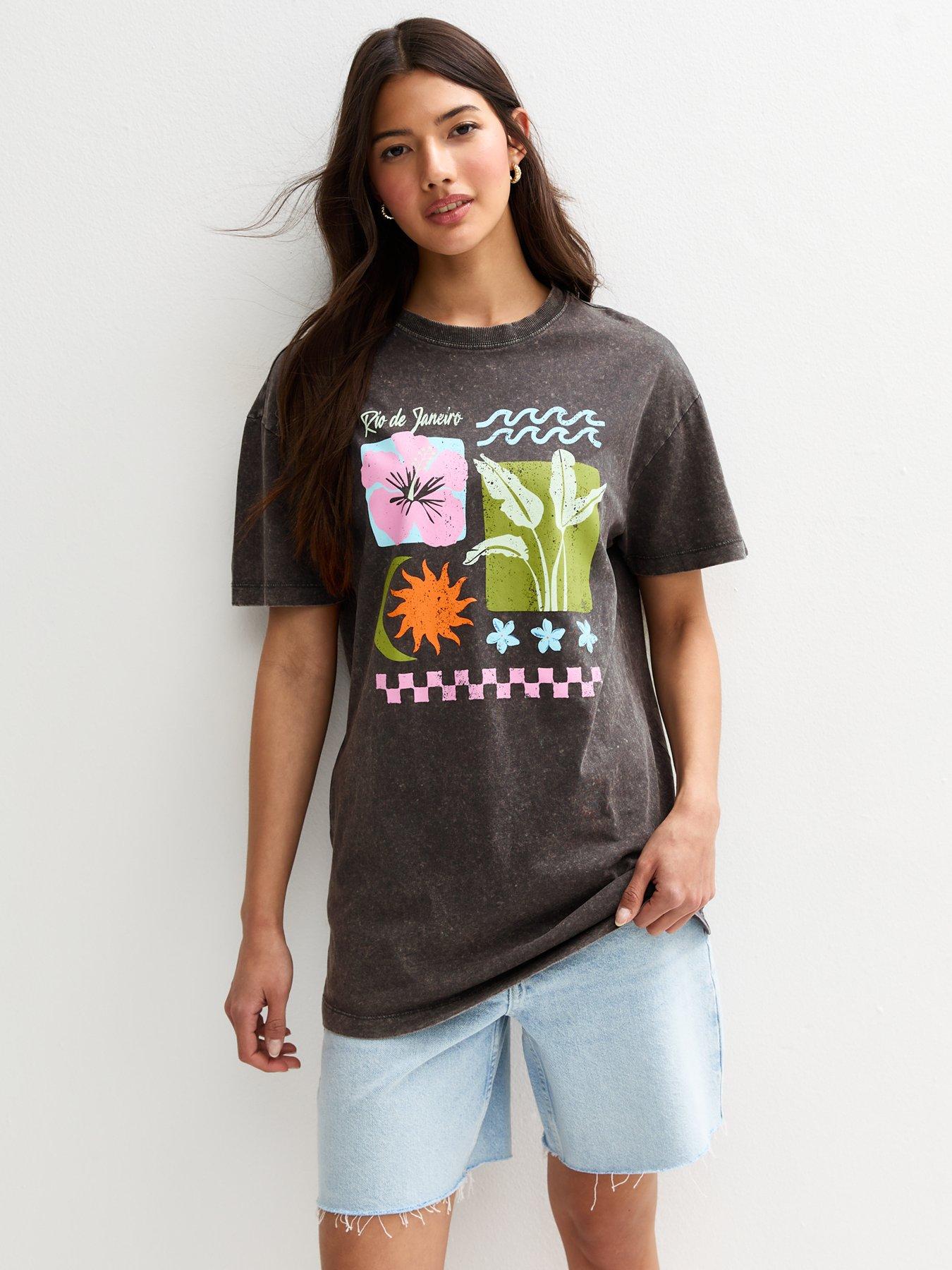 New Look Rio Print Acid Wash Oversized T-Shirt - Dark Grey