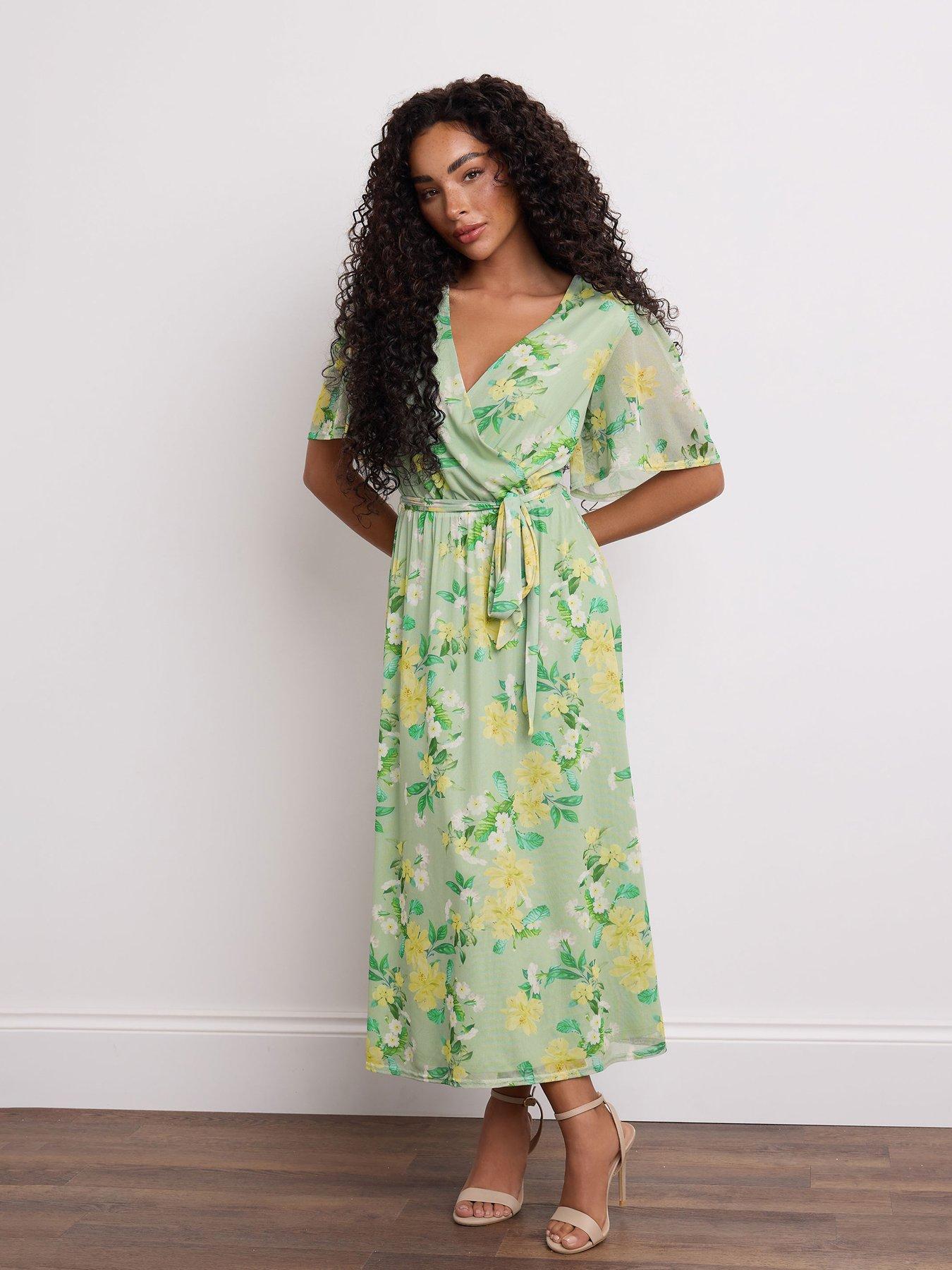 Image of M&Co Petite Floral Mesh Wrap Dress - Green