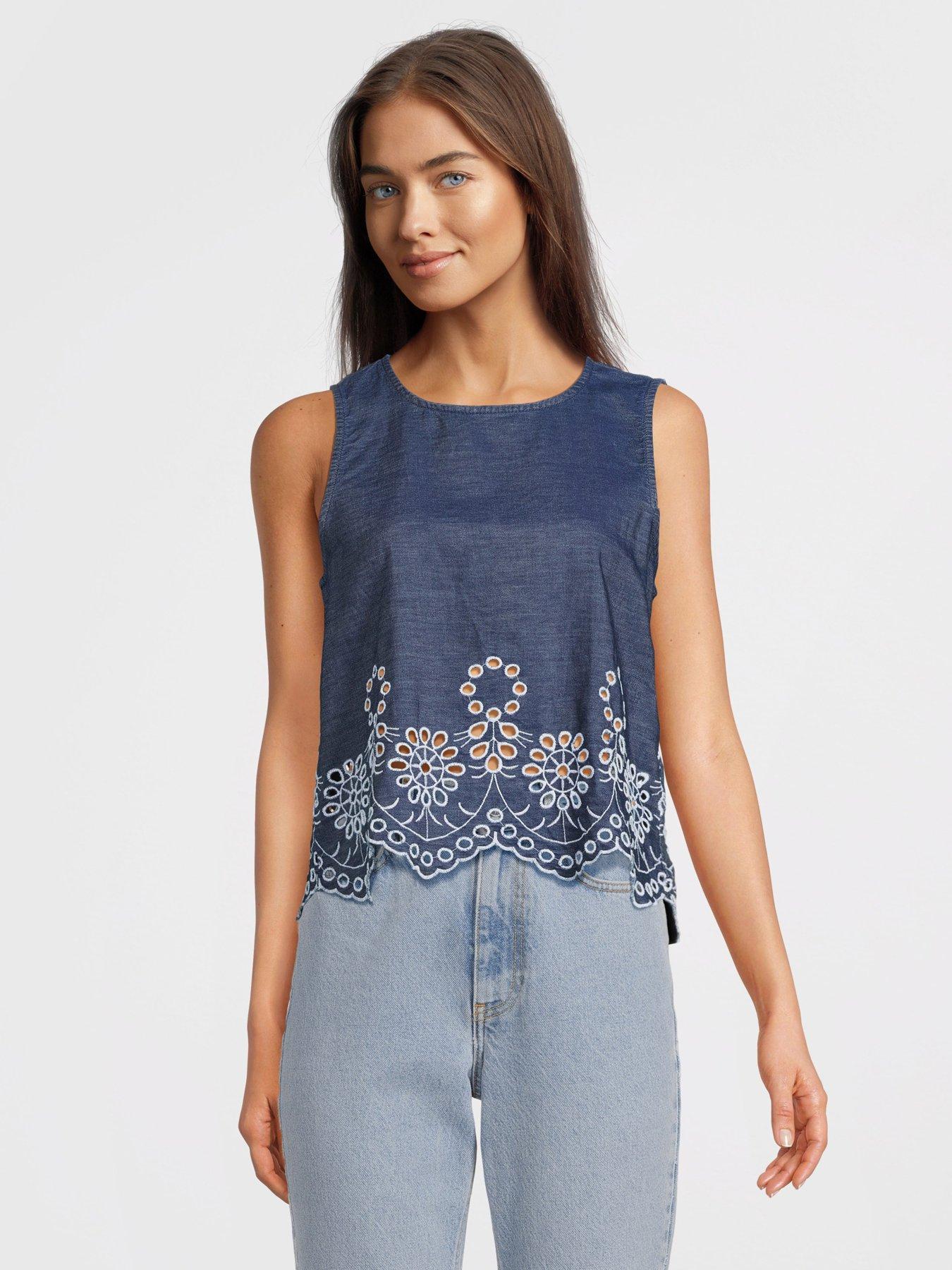 JDY Margot Sleeveless Woven Embroidery Top - Blue