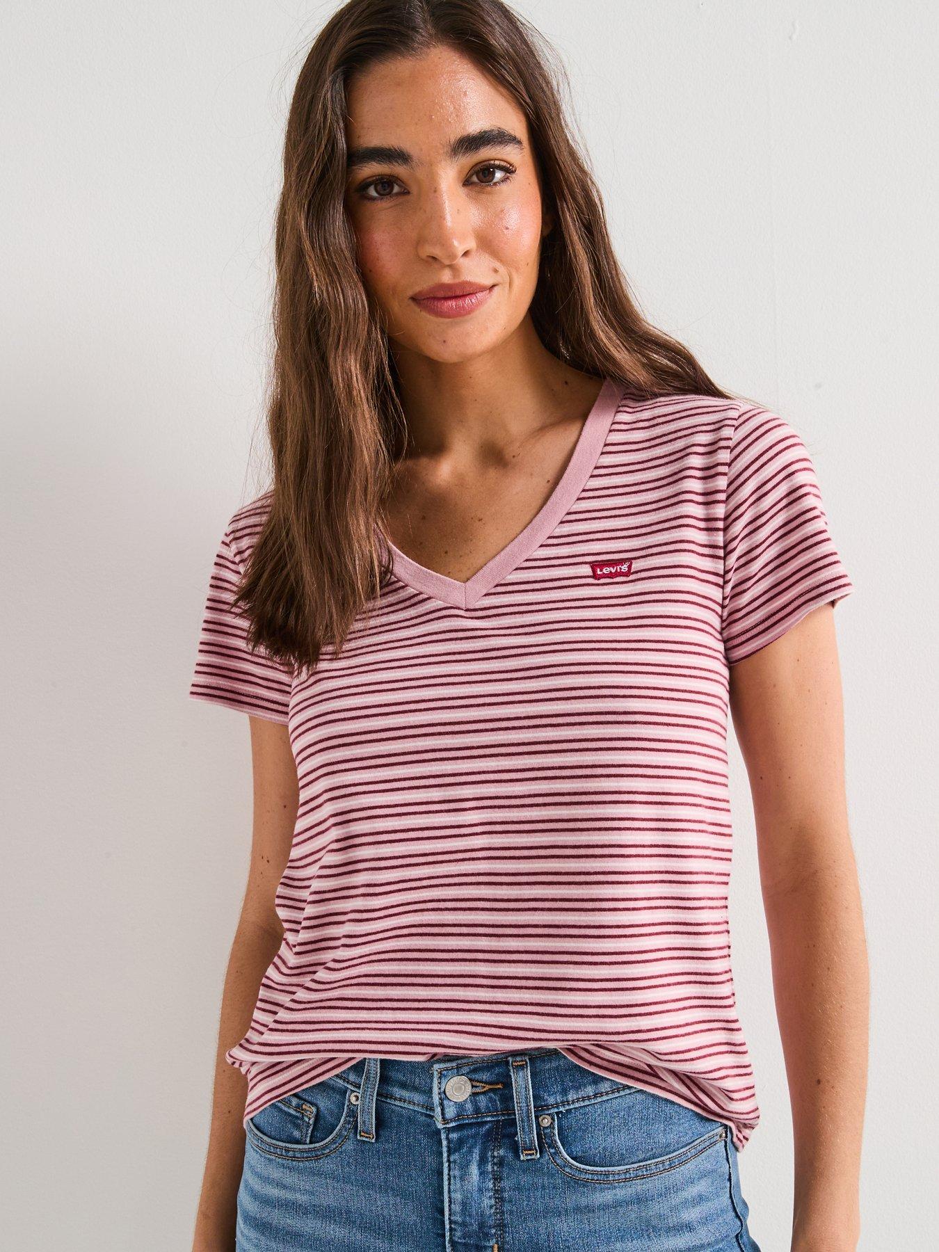 Levi's Perfect V-neck T-shirt - Clara Stripe Zephyr Jersey - Pink