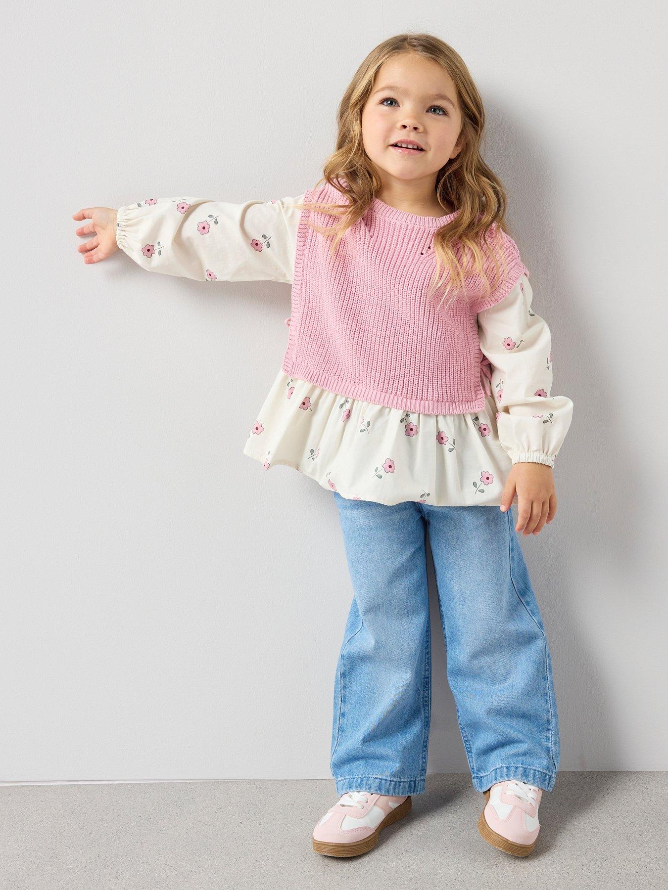 The Very Collection Girls 2 In 1 Knitted Sleeveless Jumper And Embroidered Blouse - Pink