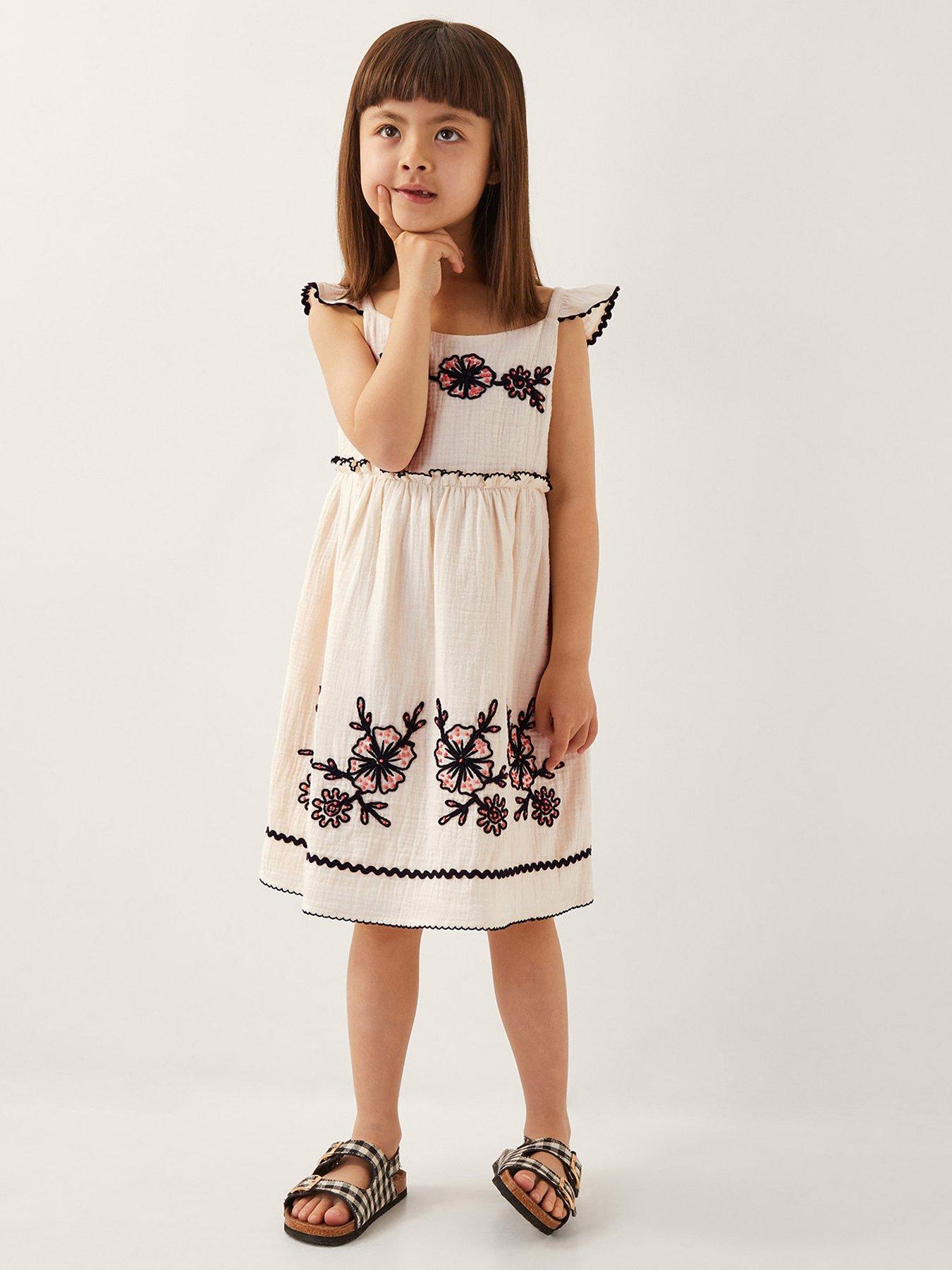 Image 1 of 4 of Monsoon Girls Floral Cornelli Embroidered Dress - Light Cream