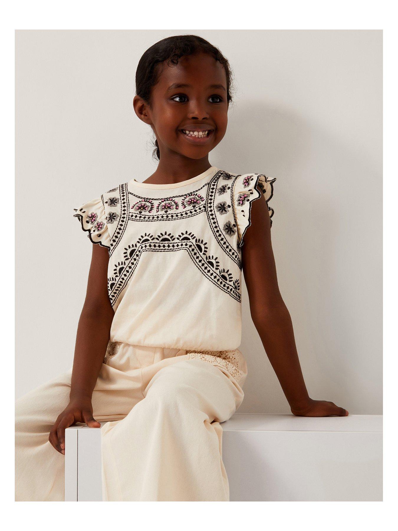 undefined Girls Embroidered Frill T-shirt - Light Cream
