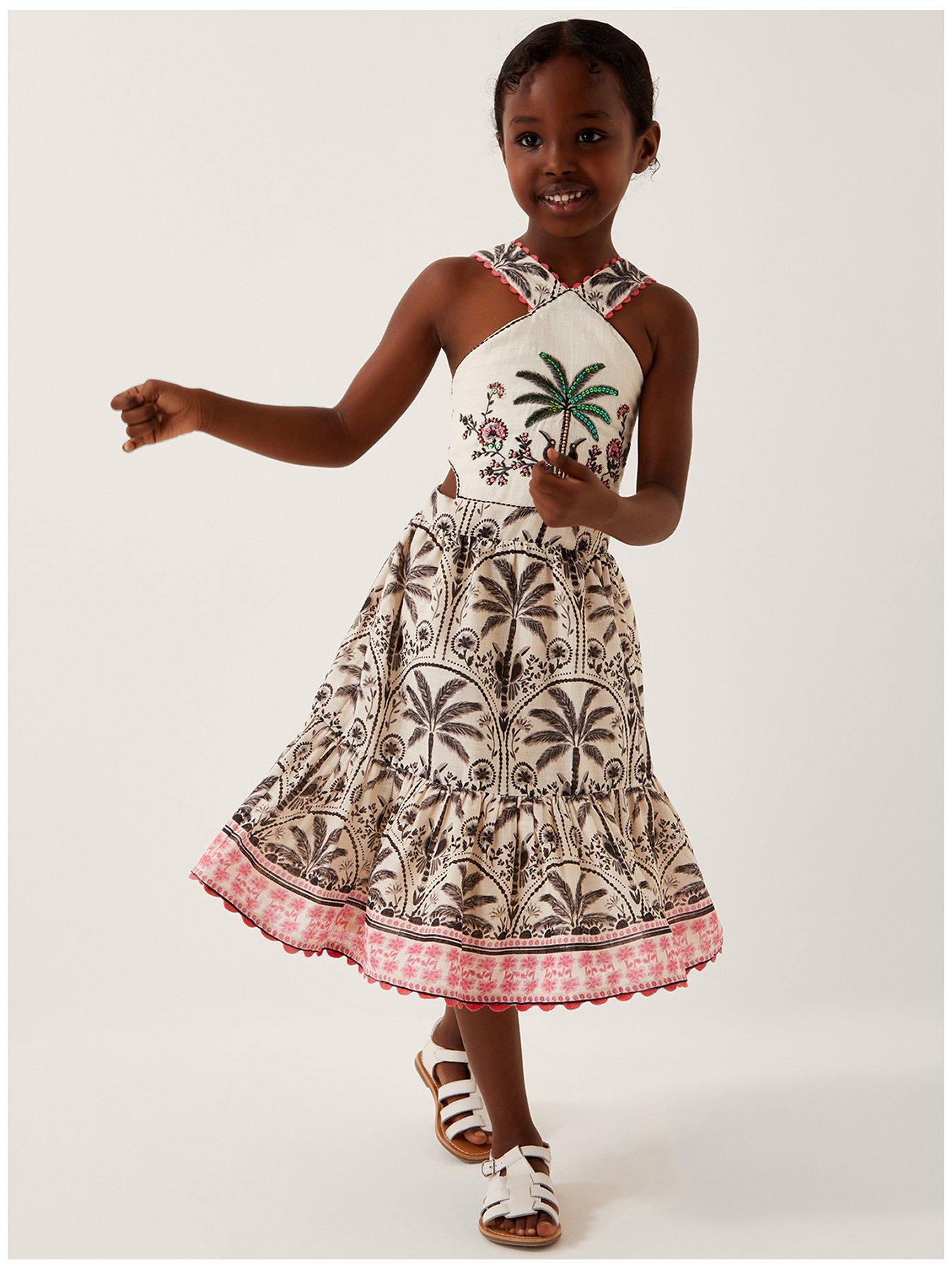 undefined Girls Mono Palm Print Embellished Dress - Light Cream