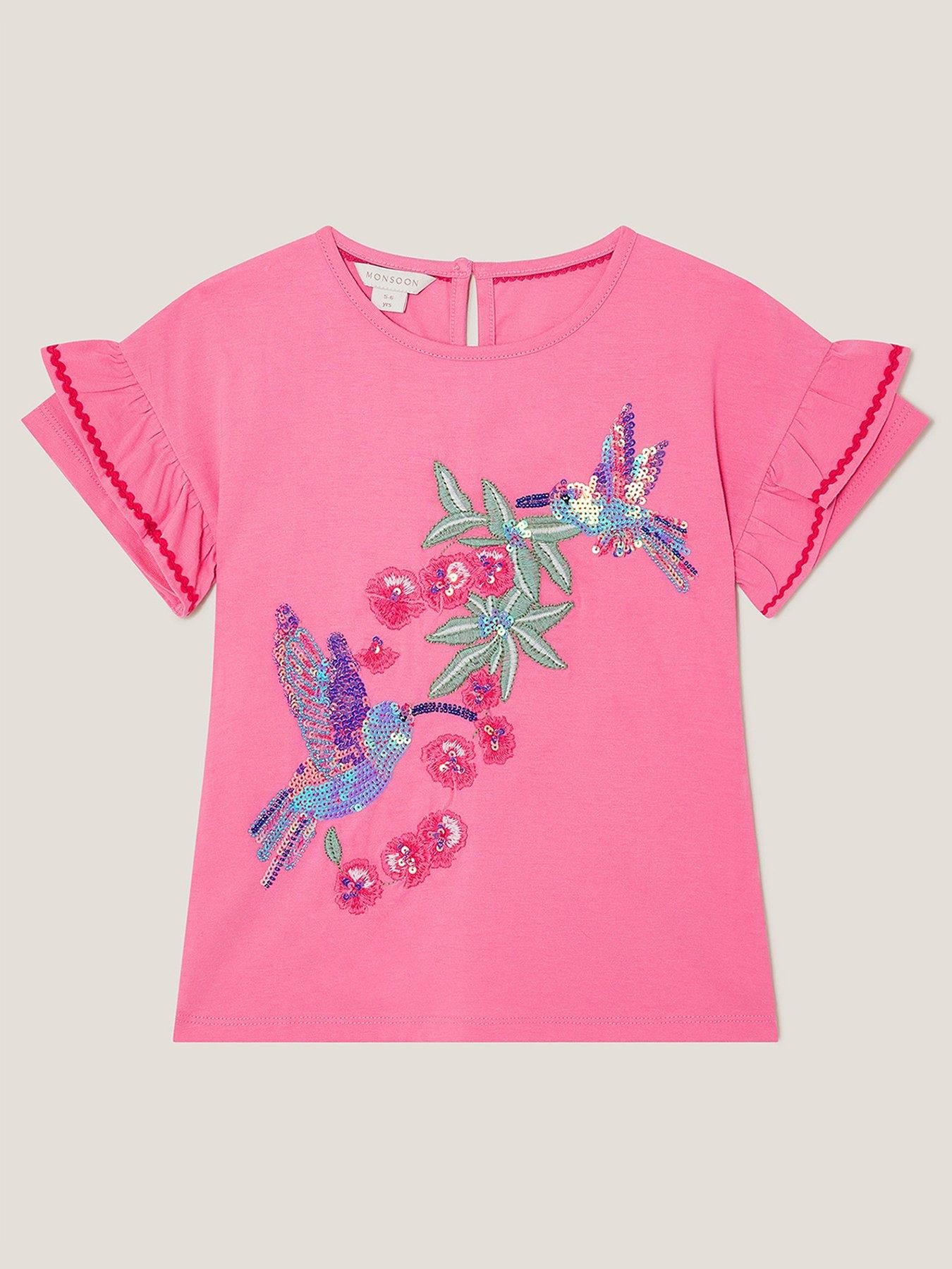 undefined Girls Hummingbird Embellished Frill T-shirt - Pink