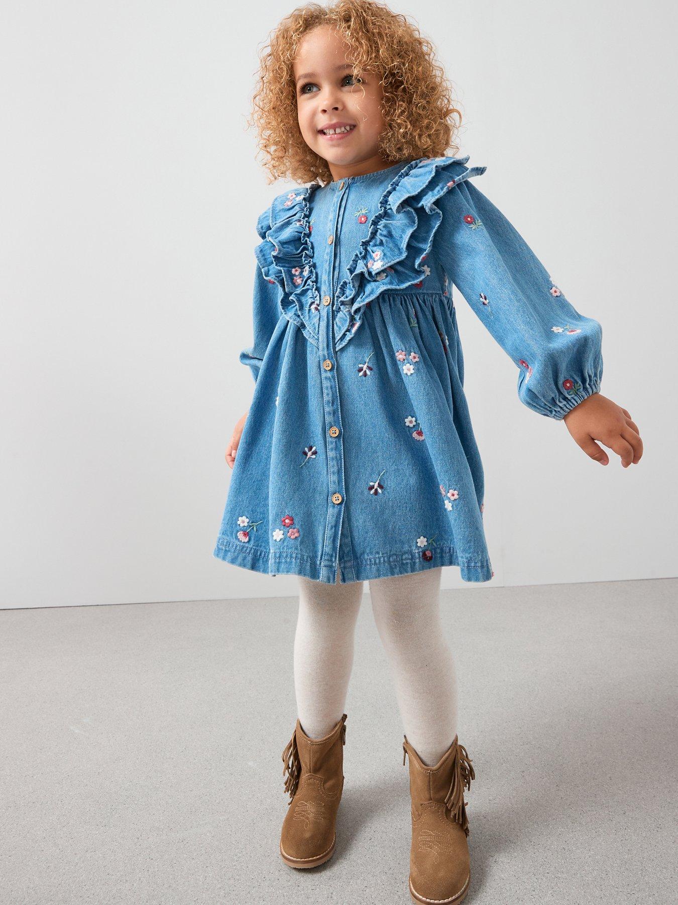The Very Collection Girls Denim Embroidered Dress - Mid Wash