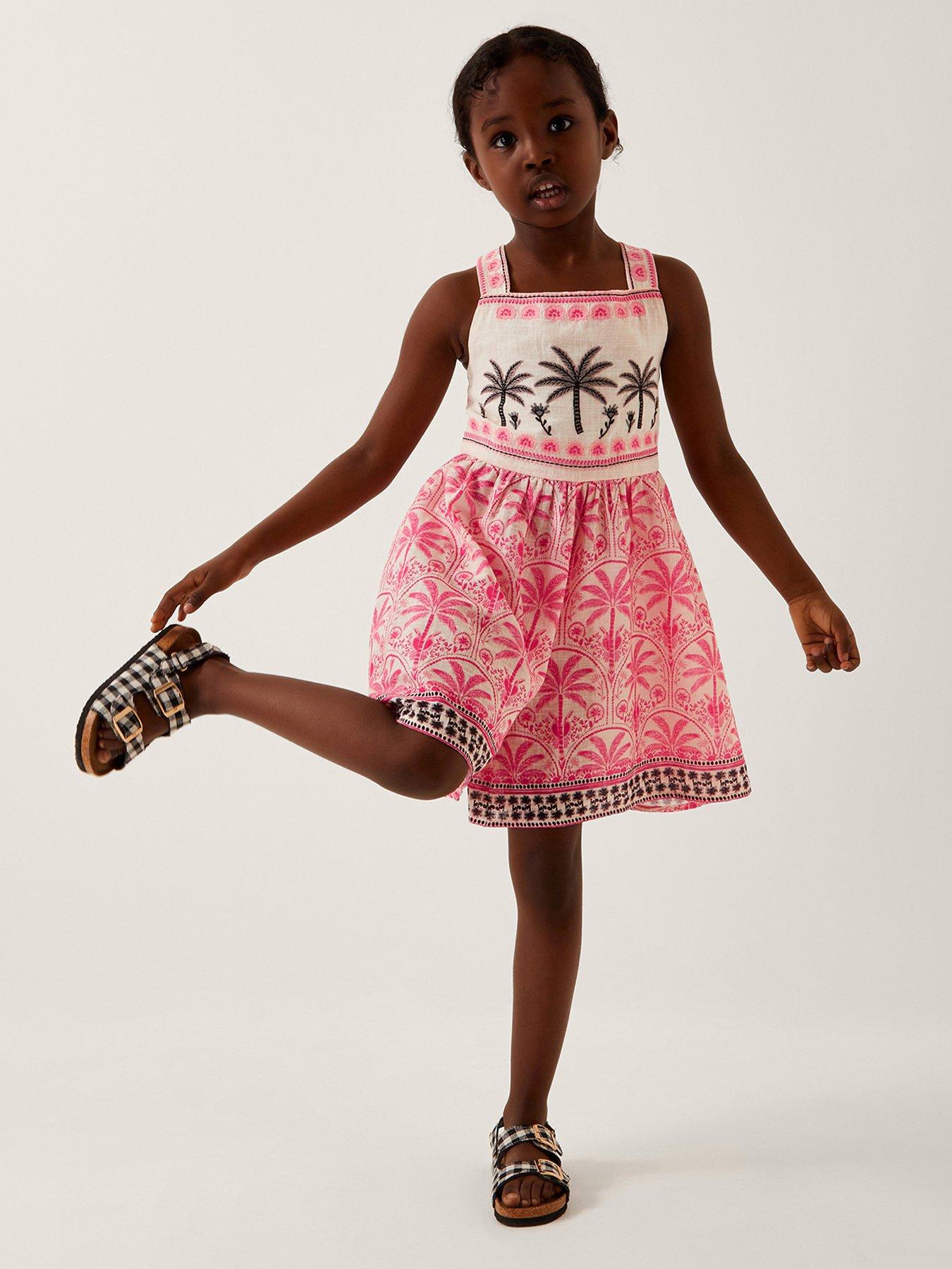 undefined Girls Palm Print Embroidered Playsuit - Pink