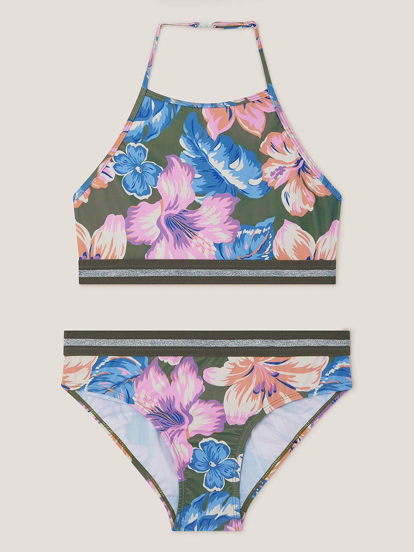 Image 1 of 3 of Monsoon Girls Floral Sparkle Bikini Set - Khaki