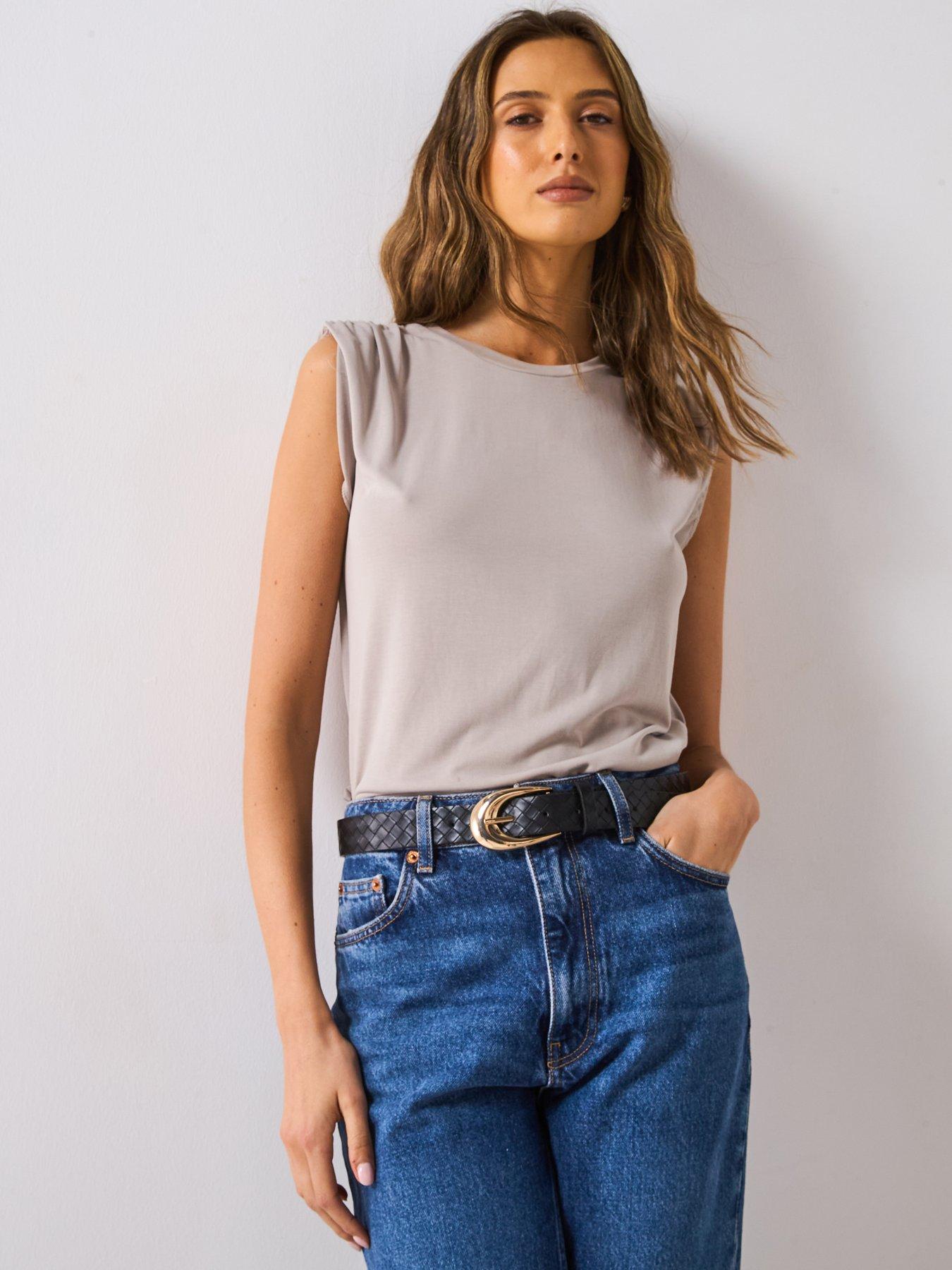 Image of Mango Flowy T Shirt With Gathered Shoulders - Beige