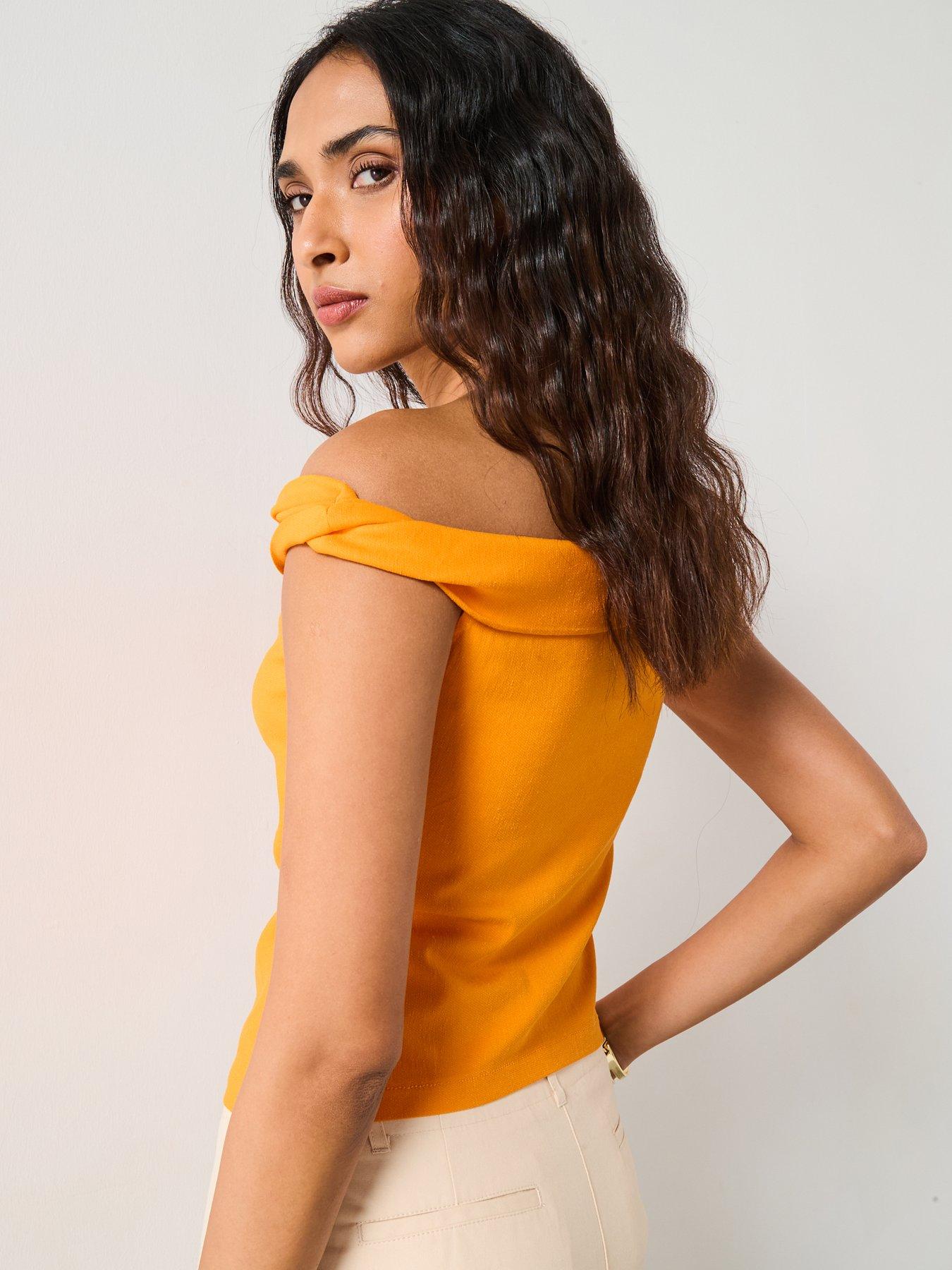 mango-asymmetrical-strapless-top-orangestillFront