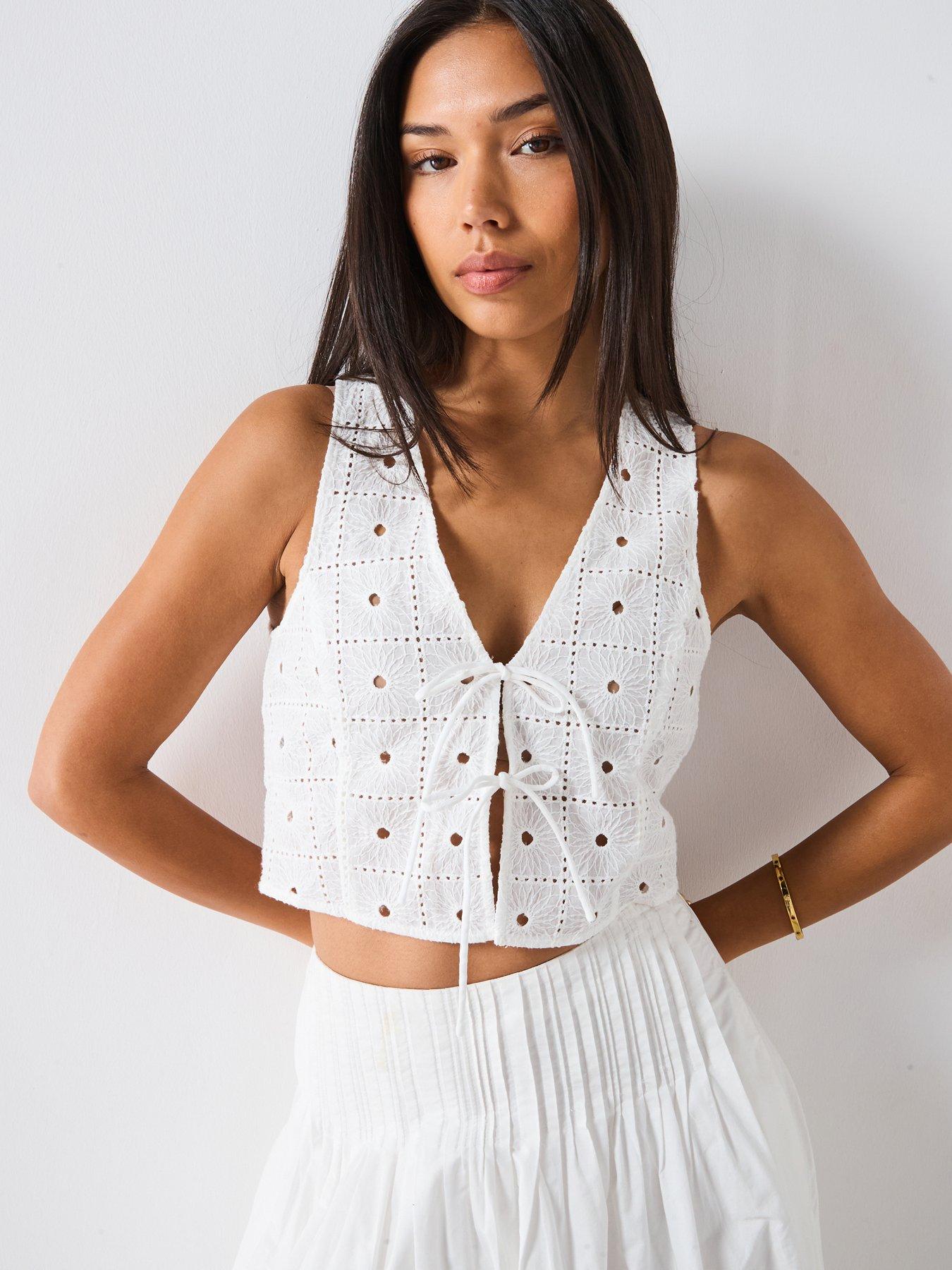 Image 1 of 6 of Mango Embroidered Cotton Waistcoat With Bows - White