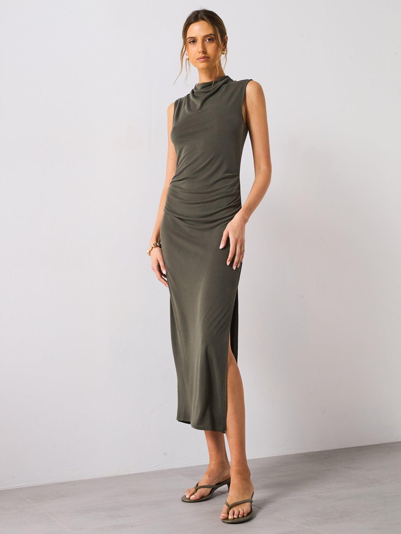 Image 1 of 4 of Mango Draped Neck Modal Dress - Green
