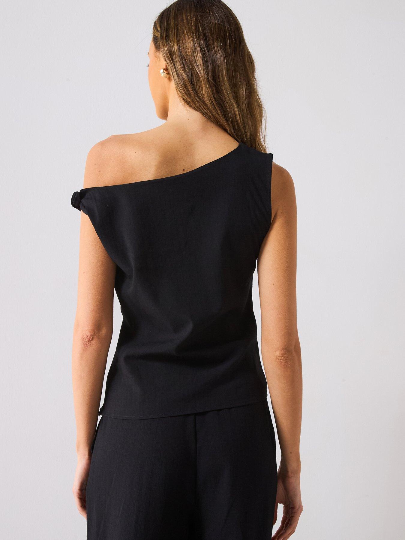 mango-asymmetrical-draped-strap-top-blackstillFront