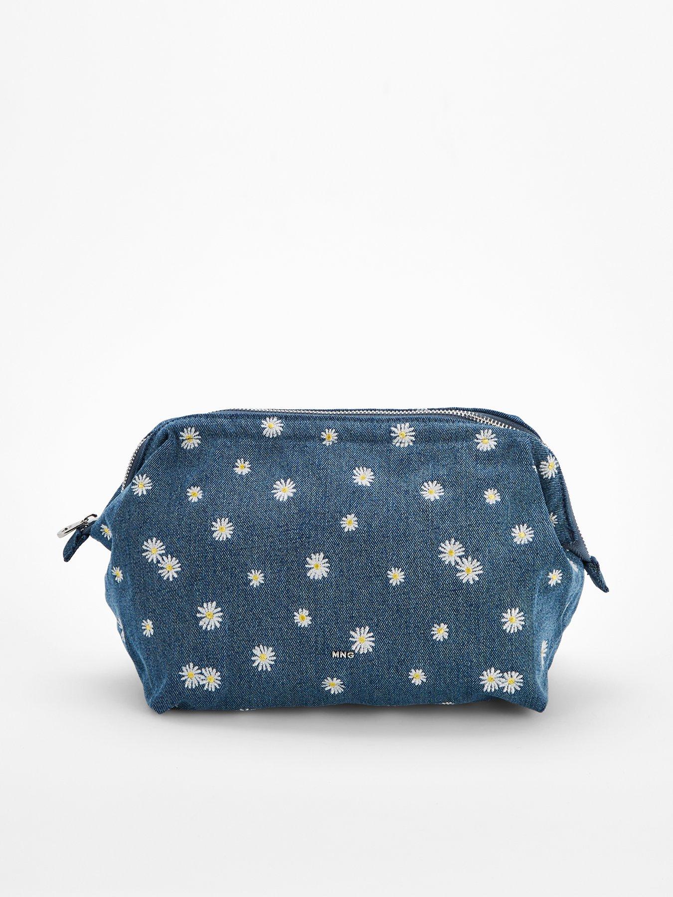 Image 1 of 4 of Mango Denim Toiletry Bag Embroidered With Flowers - Blue