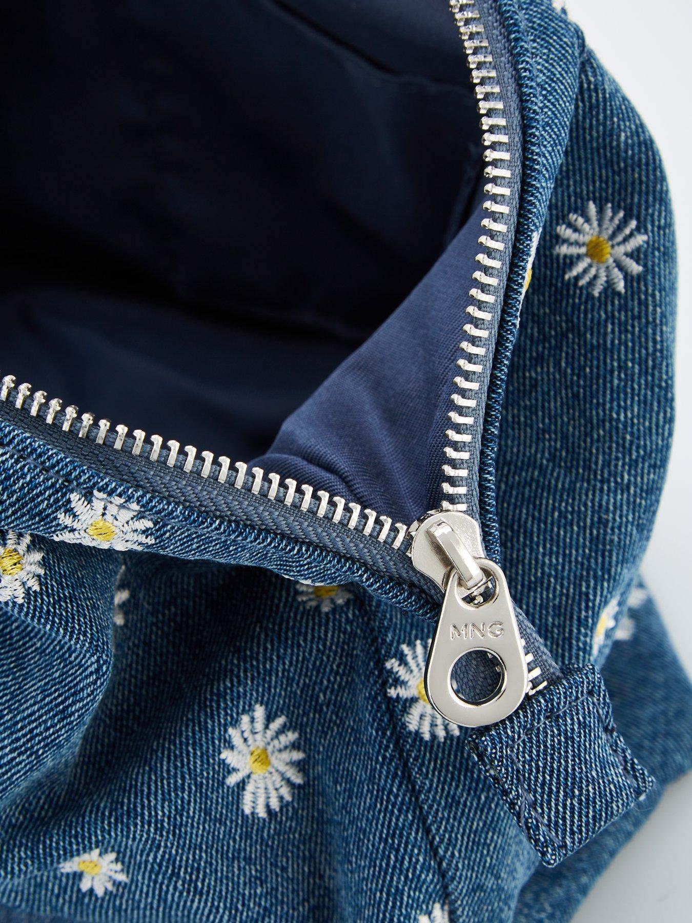 Image 4 of 4 of Mango Denim Toiletry Bag Embroidered With Flowers - Blue