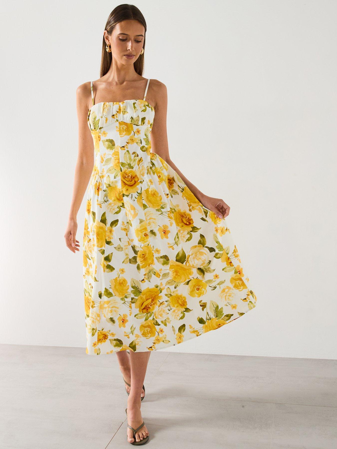 Image 1 of 6 of Mango Floral Midi Dress With Gathered Neckline - Yellow