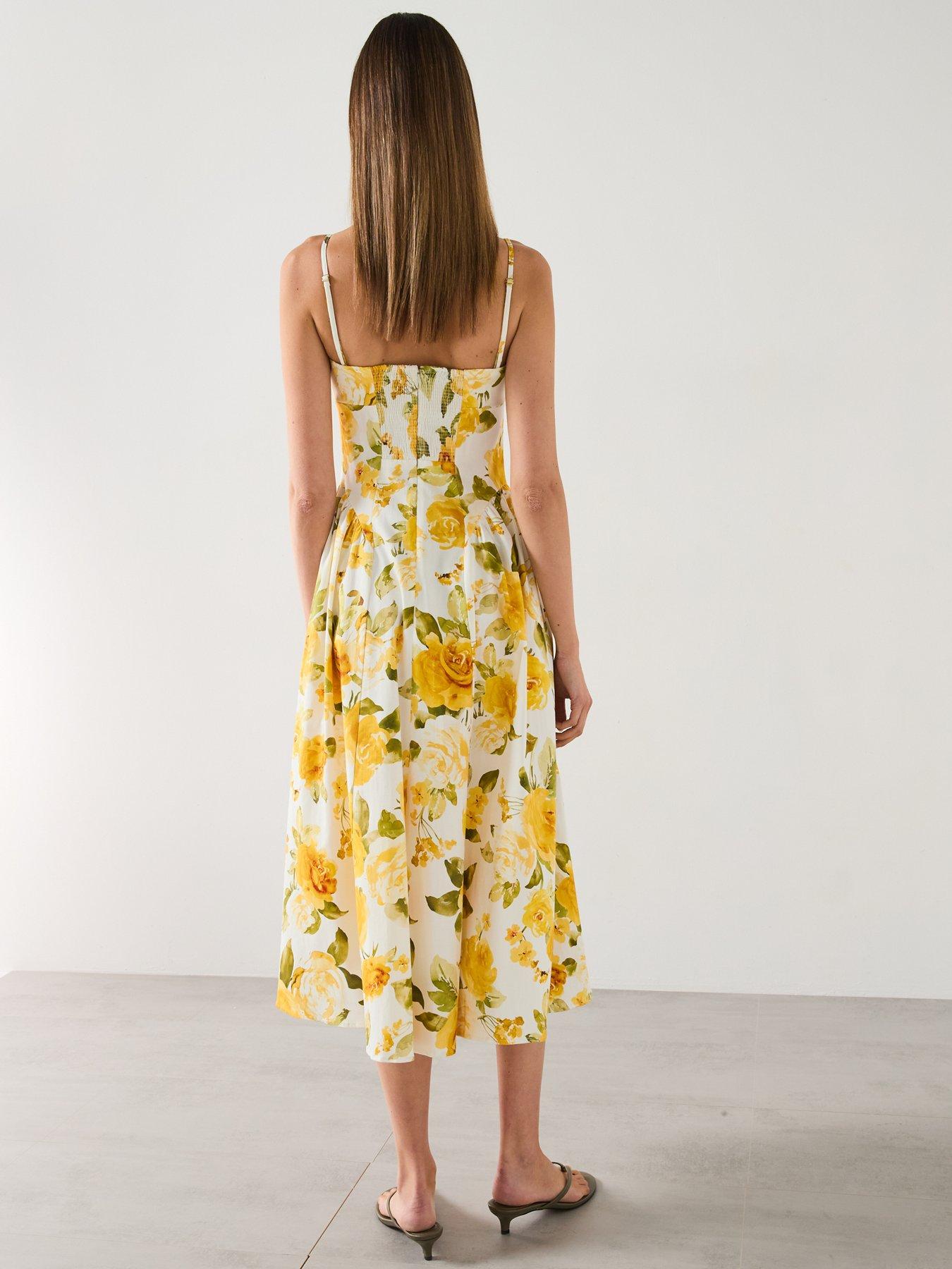 Image 2 of 6 of Mango Floral Midi Dress With Gathered Neckline - Yellow