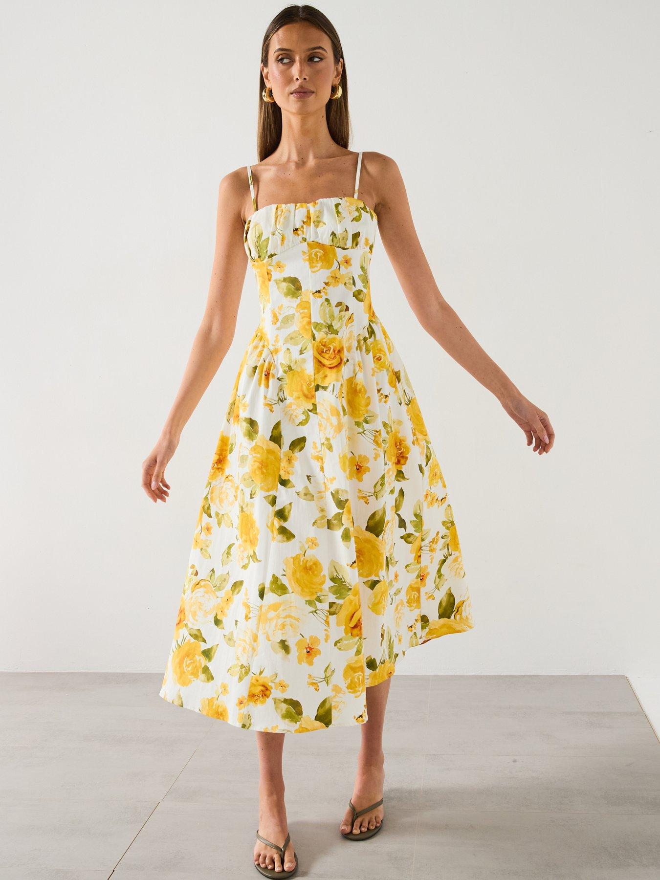 Image 3 of 6 of Mango Floral Midi Dress With Gathered Neckline - Yellow