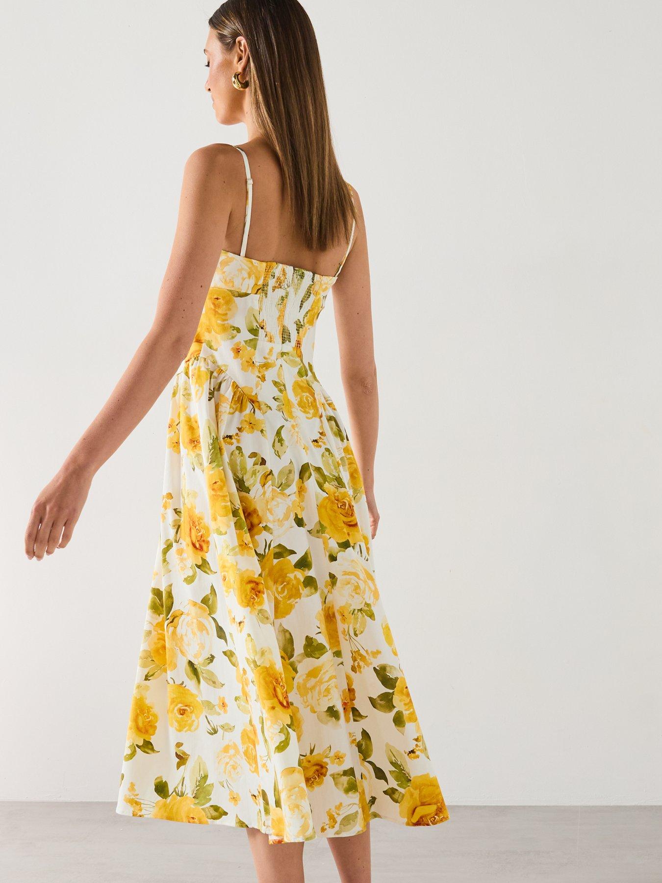 Image 4 of 6 of Mango Floral Midi Dress With Gathered Neckline - Yellow