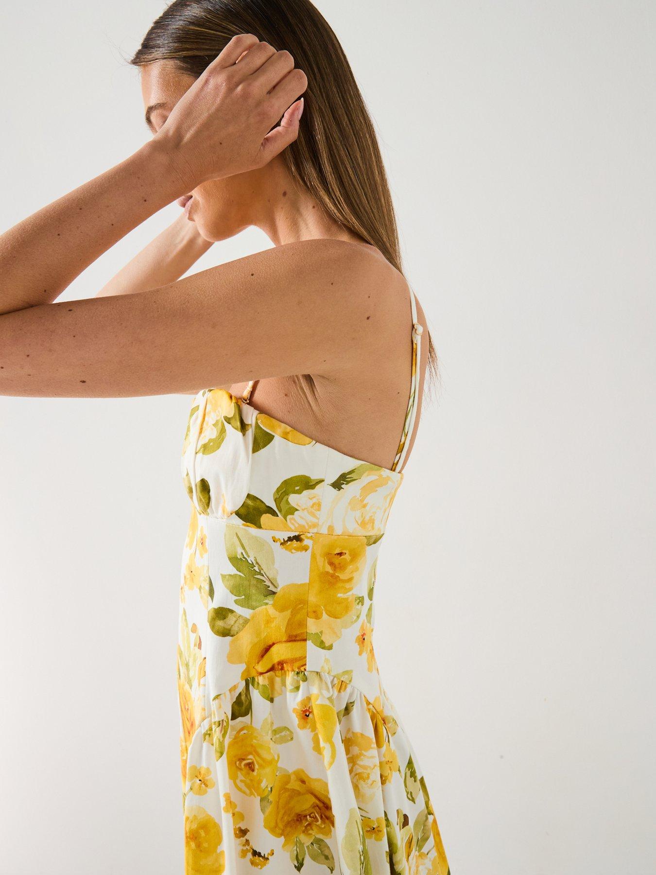 Image 5 of 6 of Mango Floral Midi Dress With Gathered Neckline - Yellow