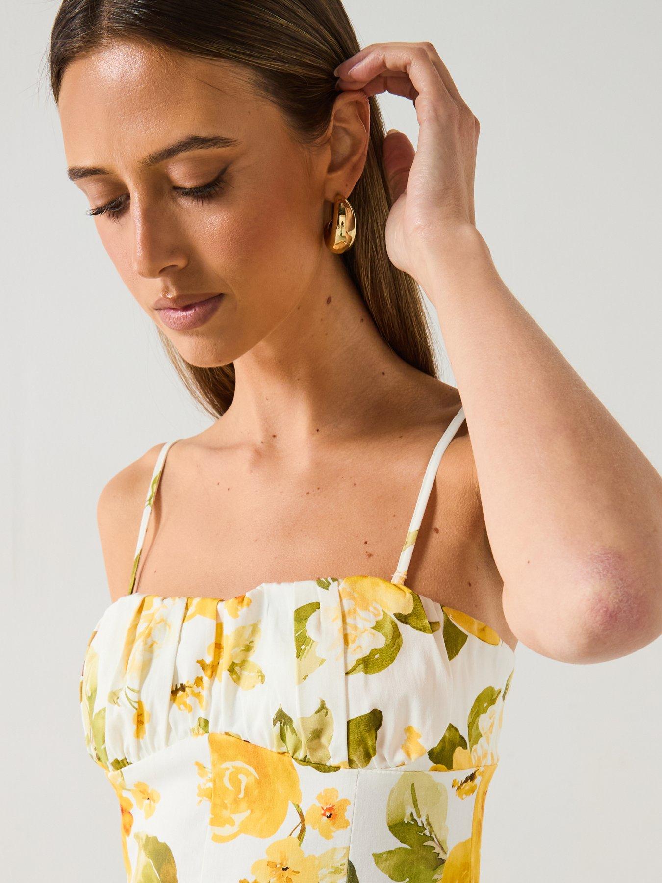 Image 6 of 6 of Mango Floral Midi Dress With Gathered Neckline - Yellow