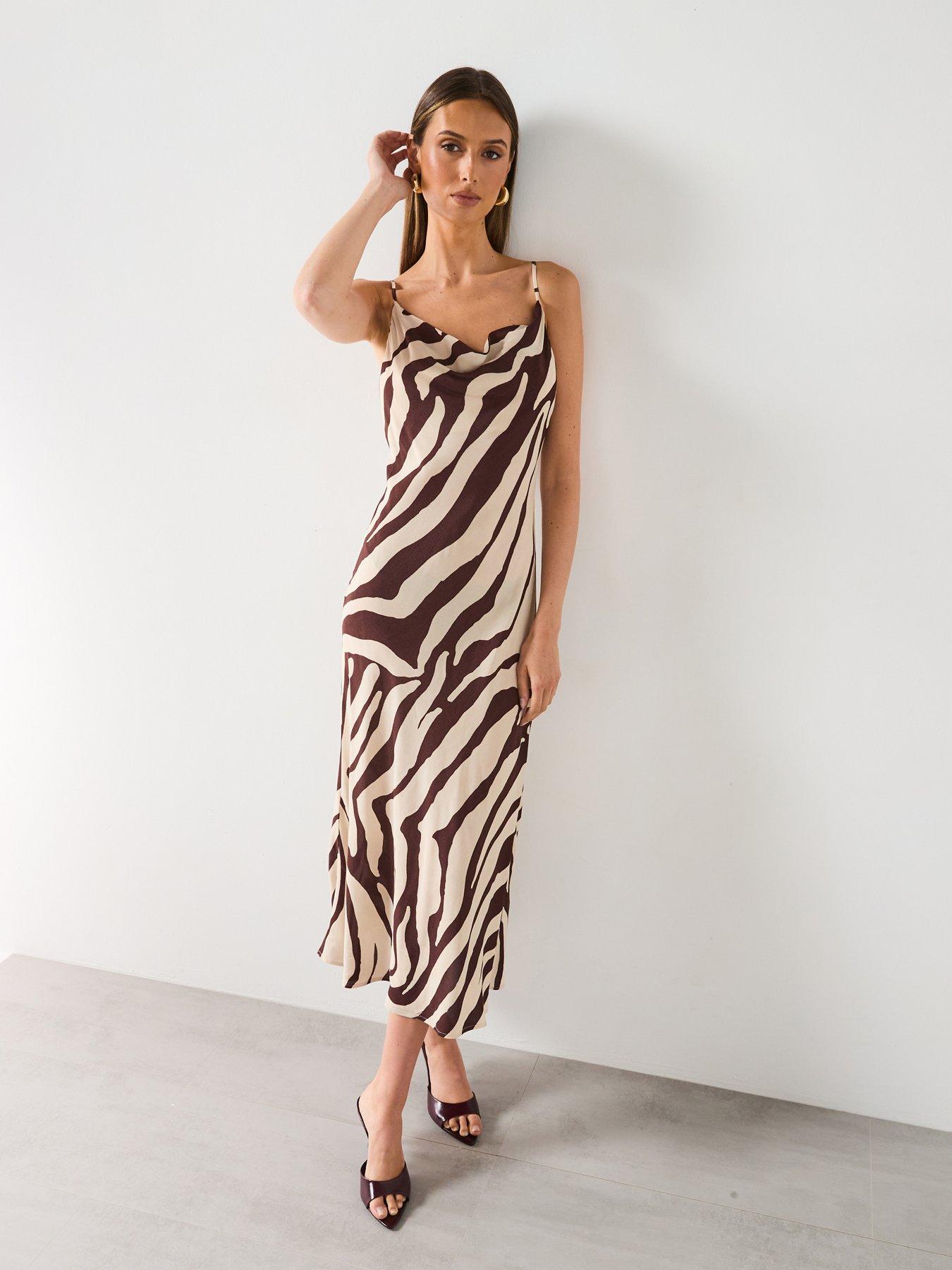 Image of Mango Animal Print Draped Neckline Dress - Brown