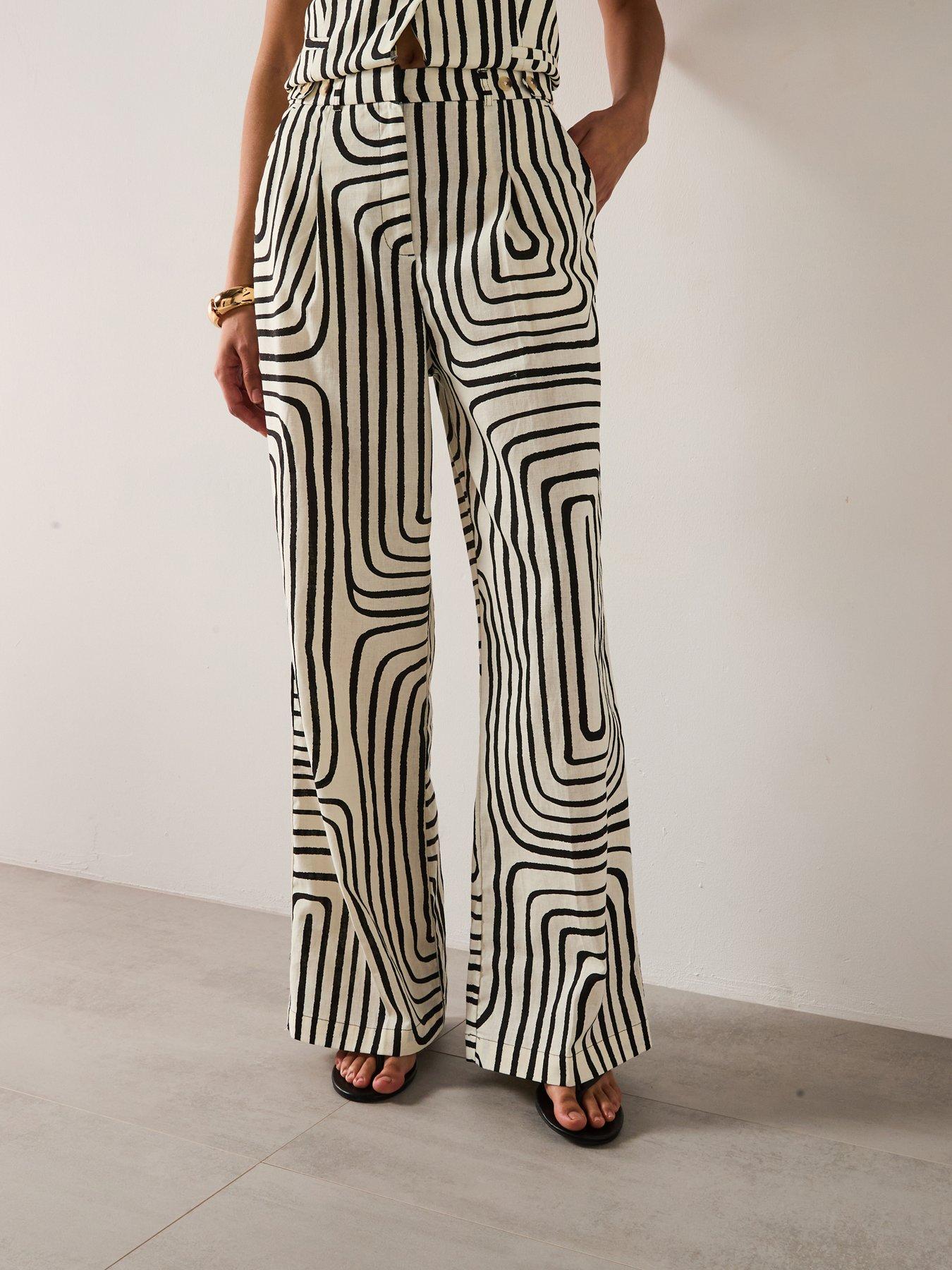Image of Mango Geometric Print Linen Trousers - Cream