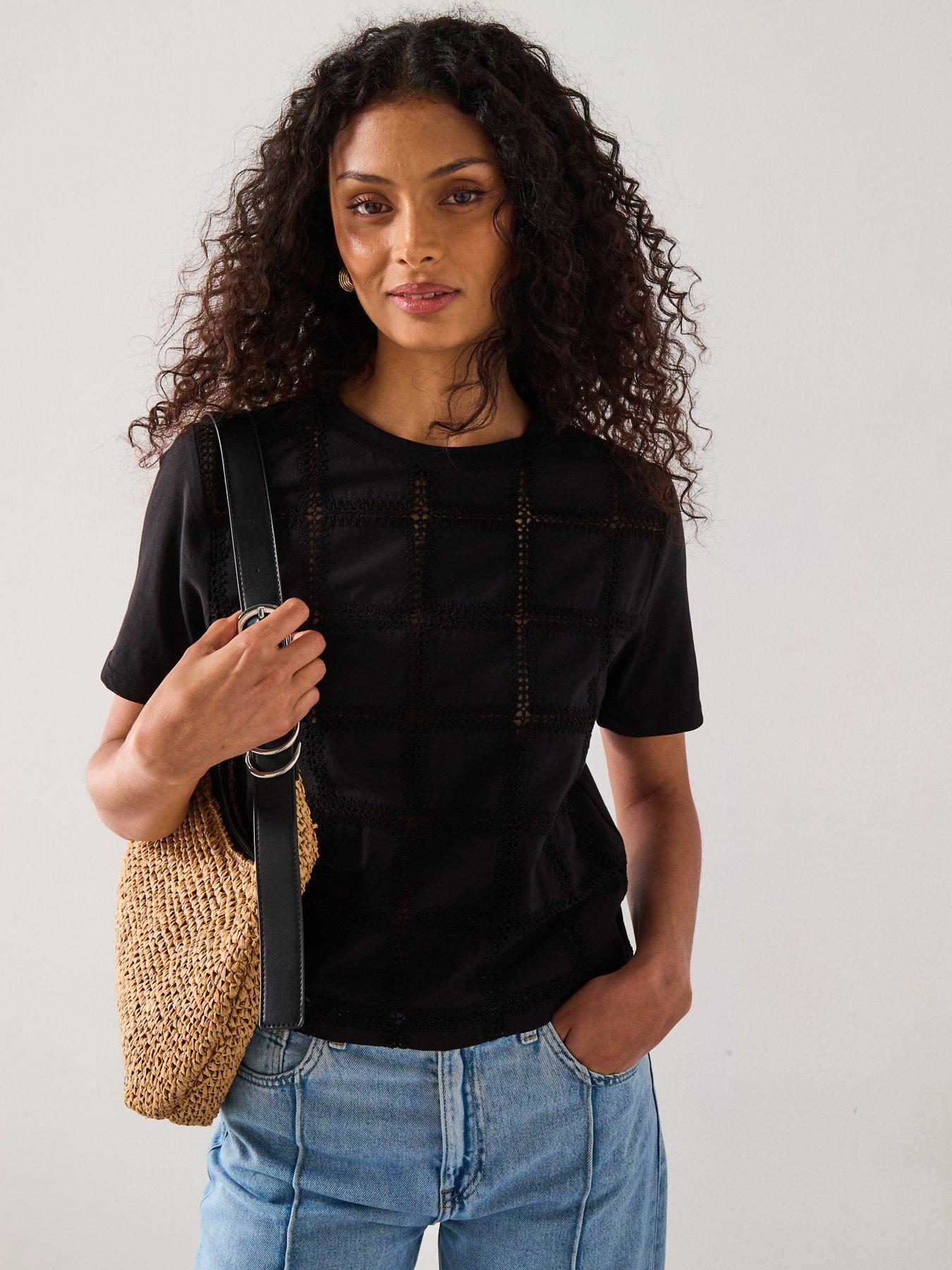 Image 1 of 6 of Mango Embroidered Detail T-Shirt - Black