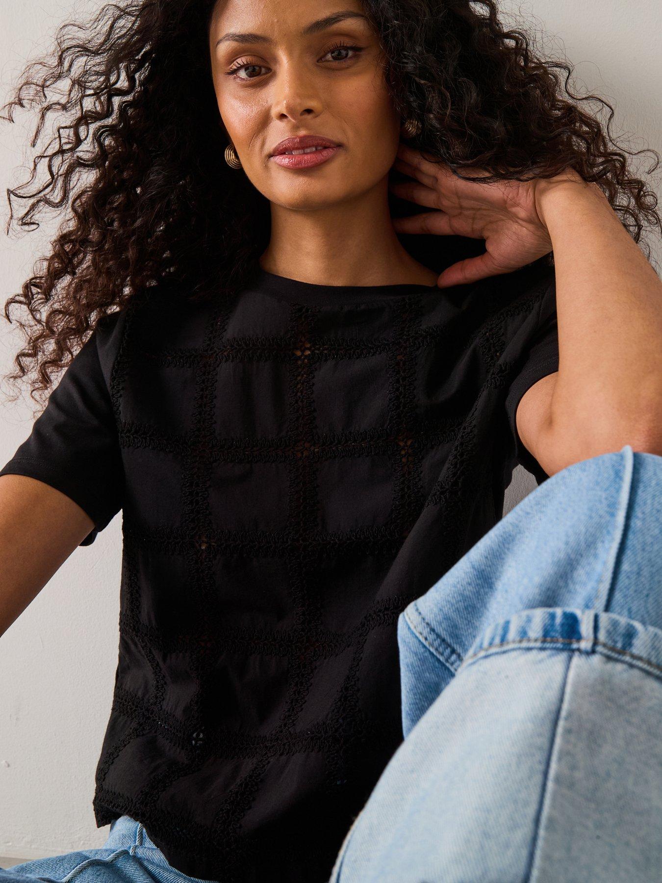 Image 4 of 6 of Mango Embroidered Detail T-Shirt - Black