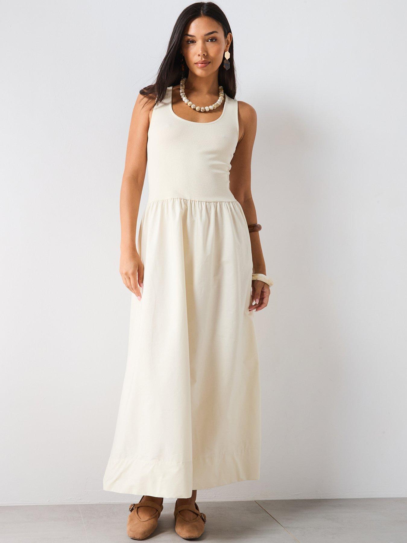 Mango Flared Dress In Combined Fabric - Cream