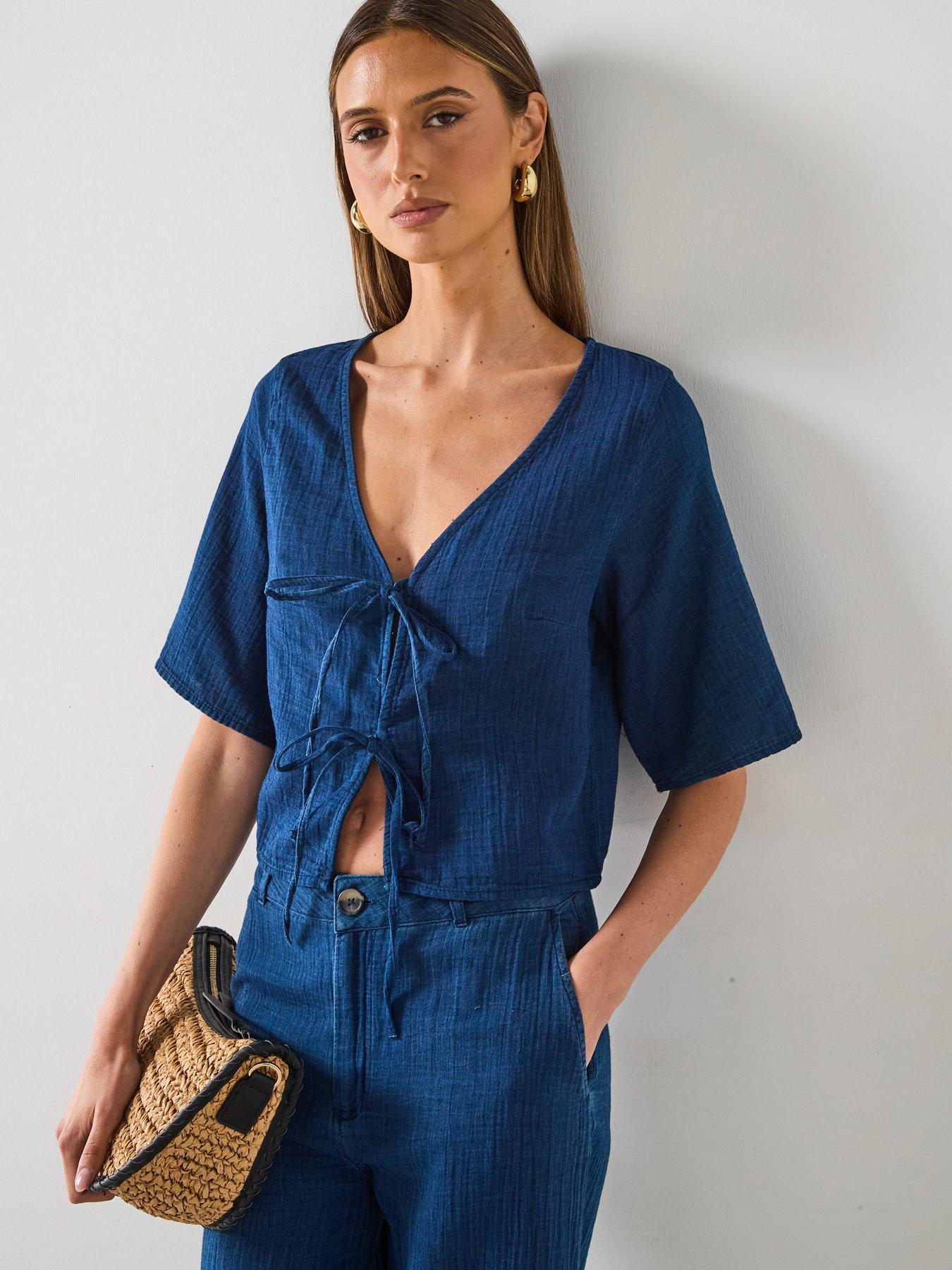 Image of Mango Soft Denim Top With Tie Closure - Dark Blue