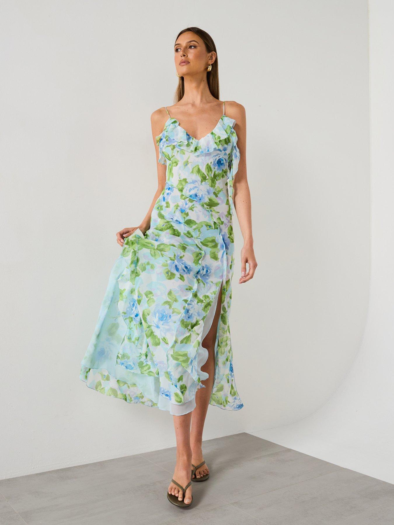 Mango Ruffled Floral Print Dress - Sky Blue