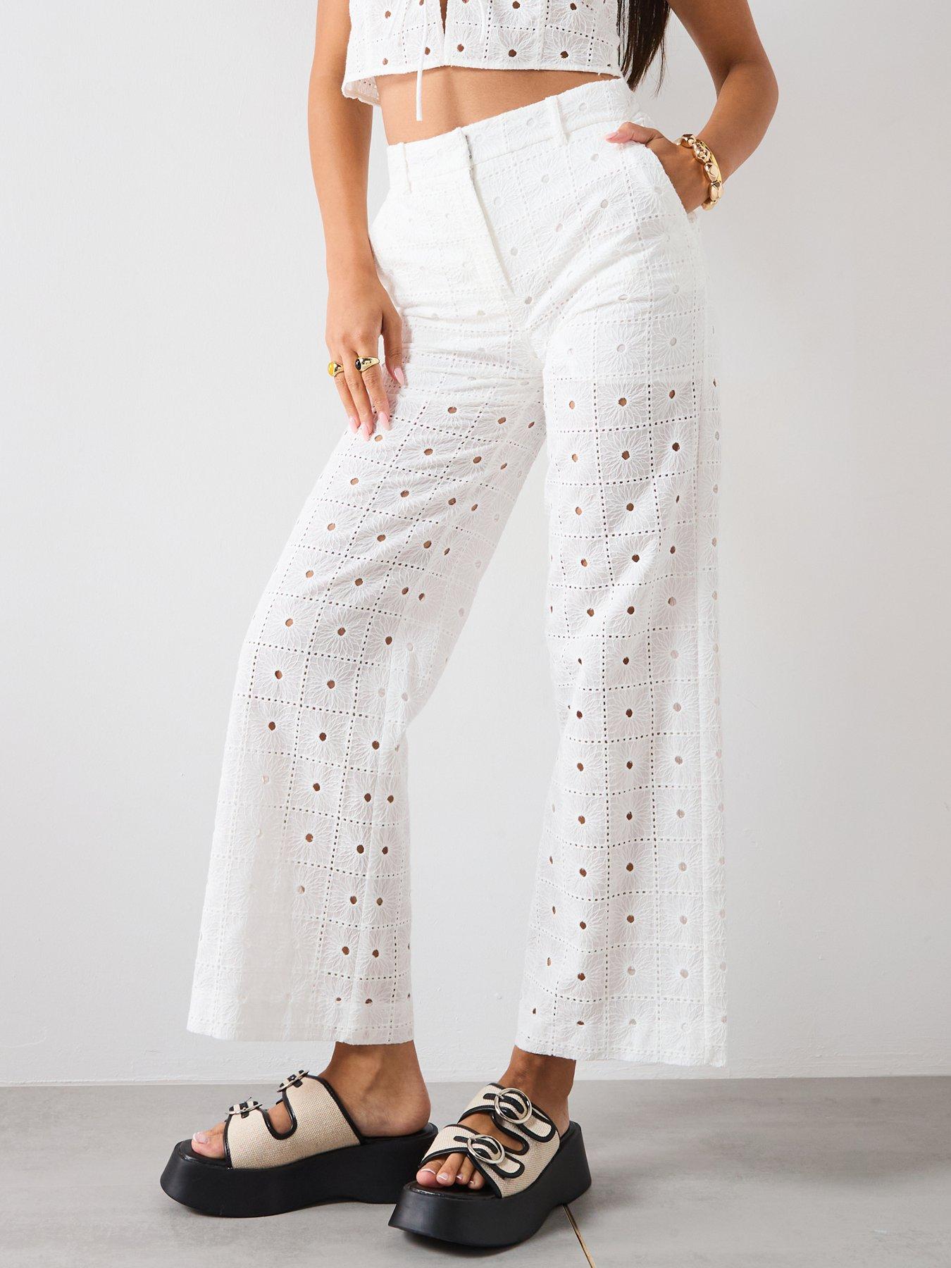 Image 1 of 5 of Mango Straight Fit Embroidered Cotton Trousers - White