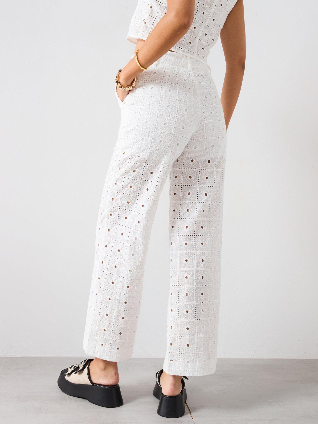 Image 2 of 5 of Mango Straight Fit Embroidered Cotton Trousers - White