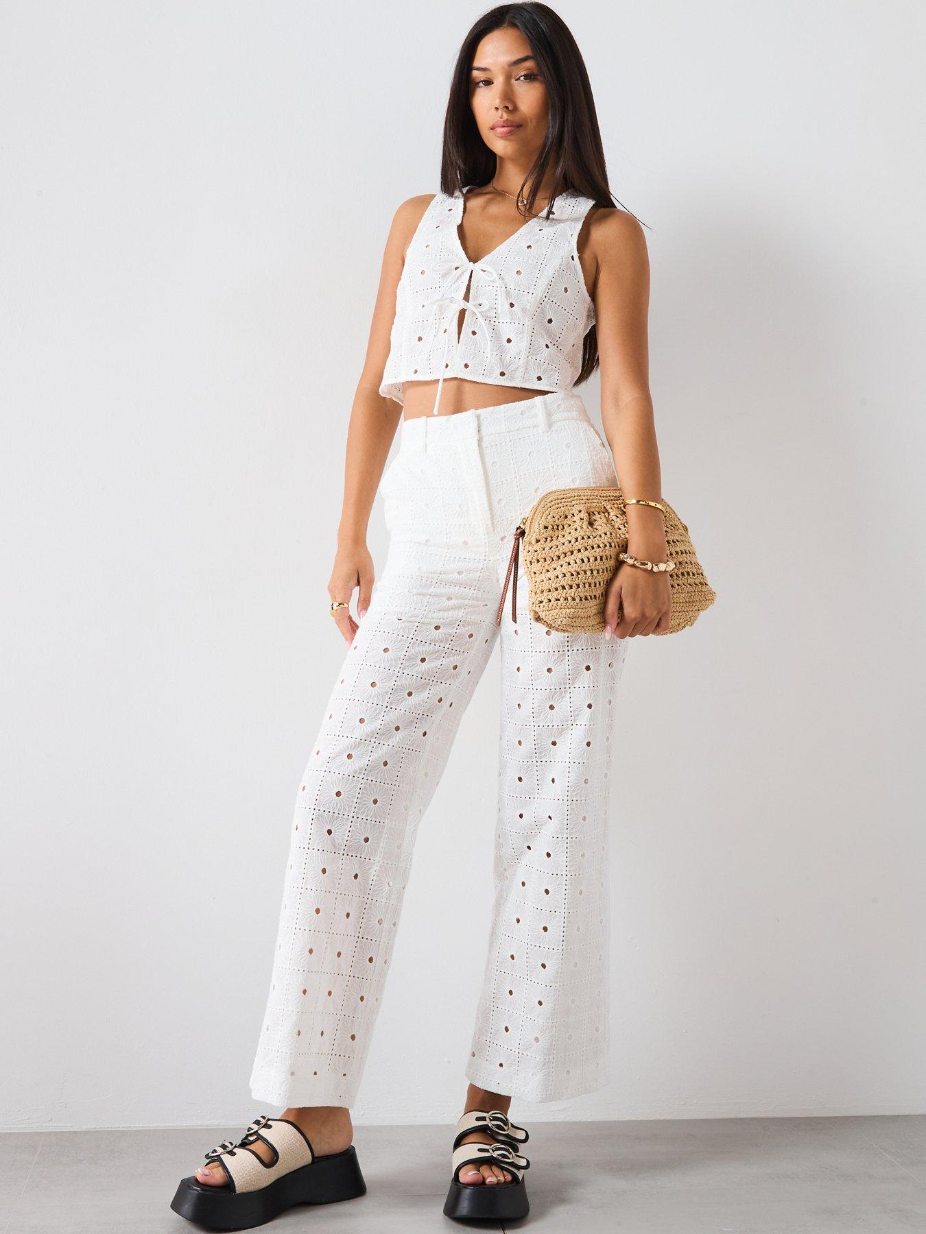 Image 3 of 5 of Mango Straight Fit Embroidered Cotton Trousers - White
