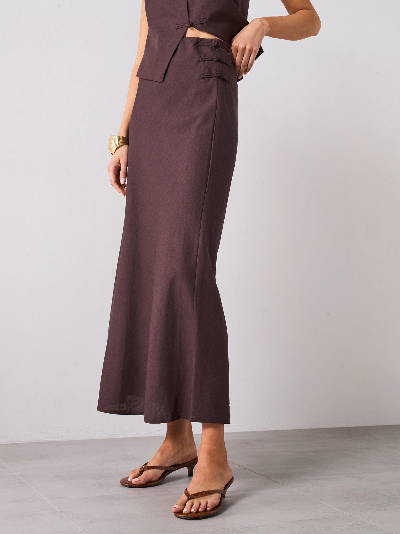 Image of Mango Linen Blend Straight Skirt - Dark Brown