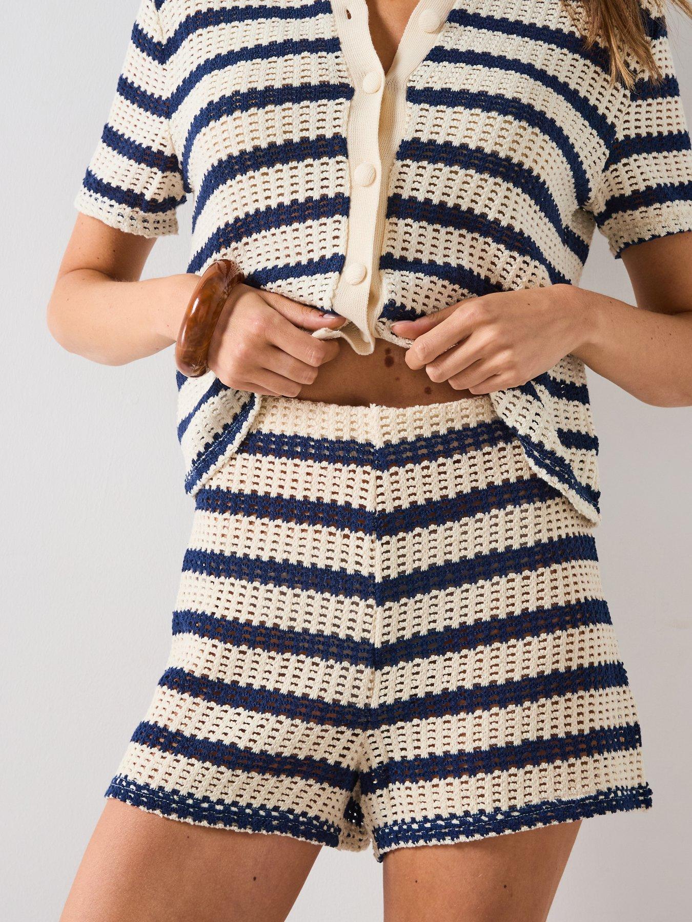 Image 4 of 5 of Mango Striped Crochet Shorts - Navy