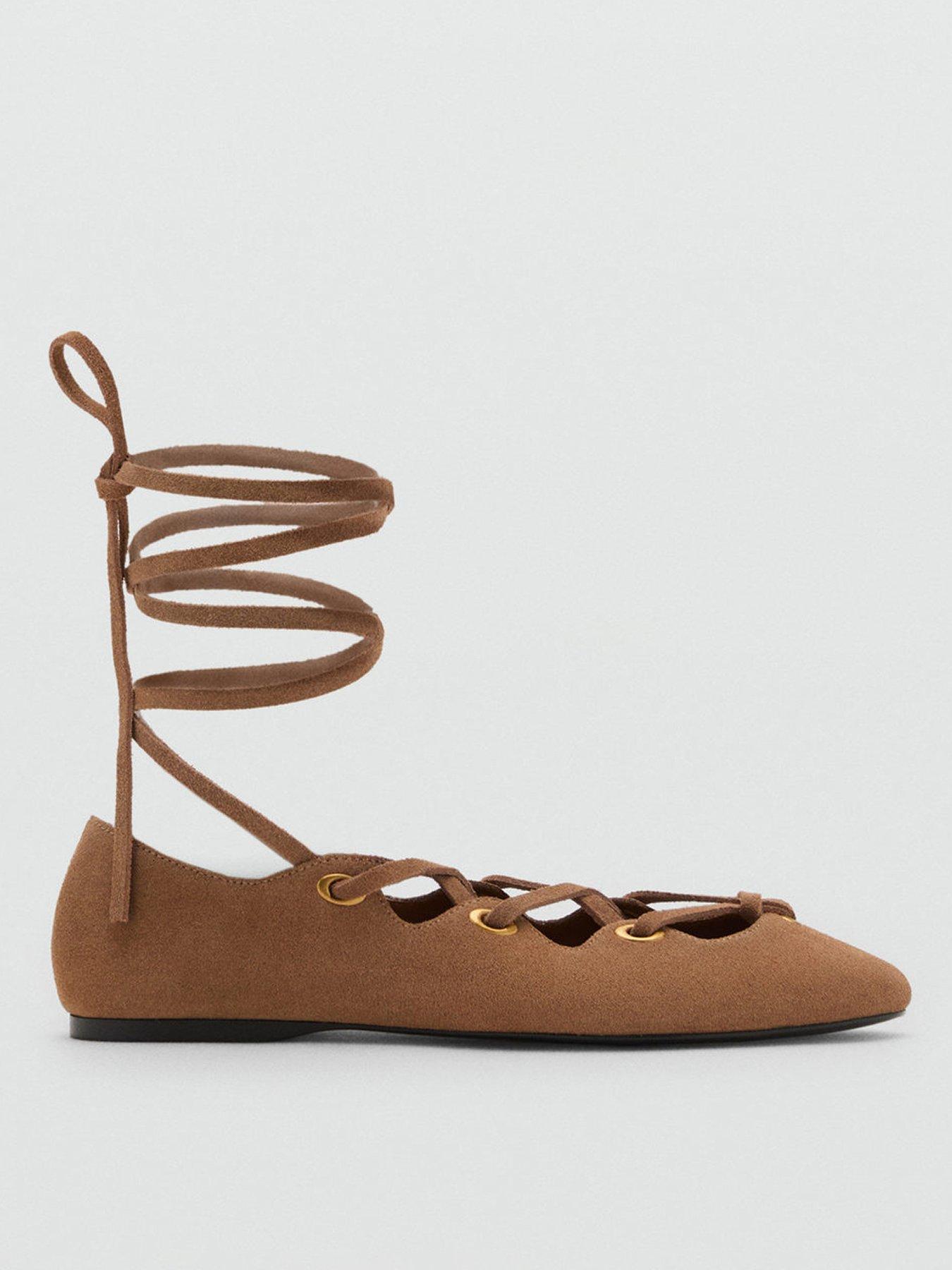 Mango Lace Up Suede Ballerina - Beige
