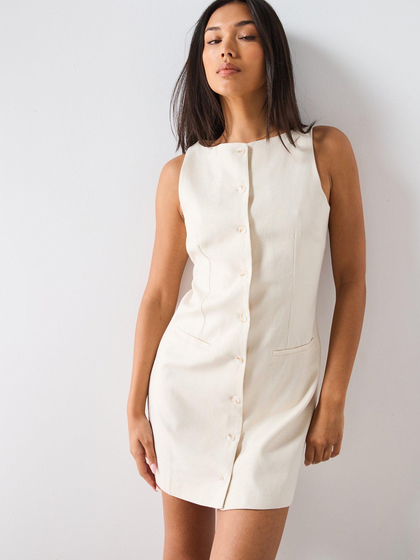 Mango Short Button Down Linen Blend Dress - Cream
